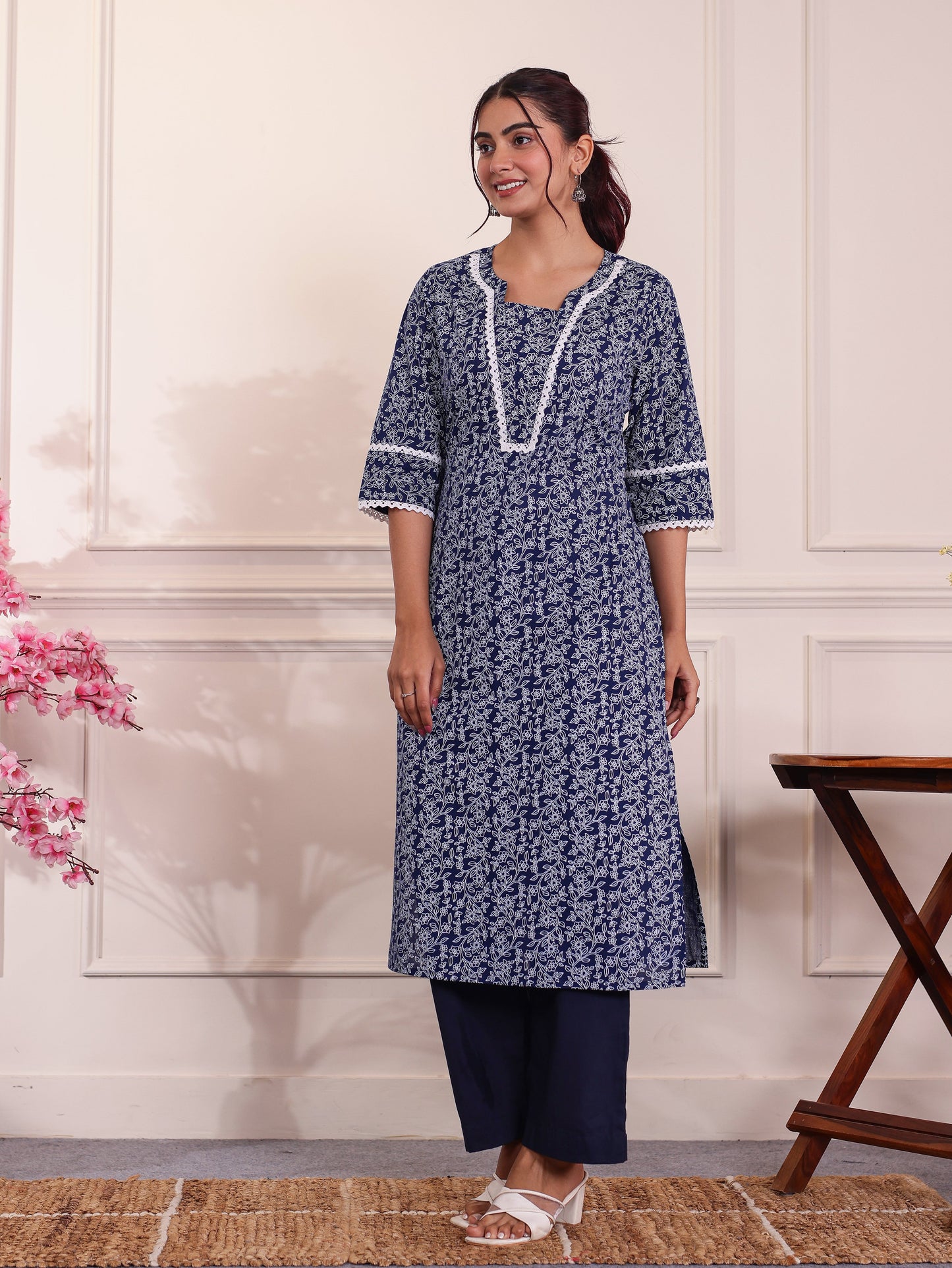 Soft Cotton Floral Blue Kurta