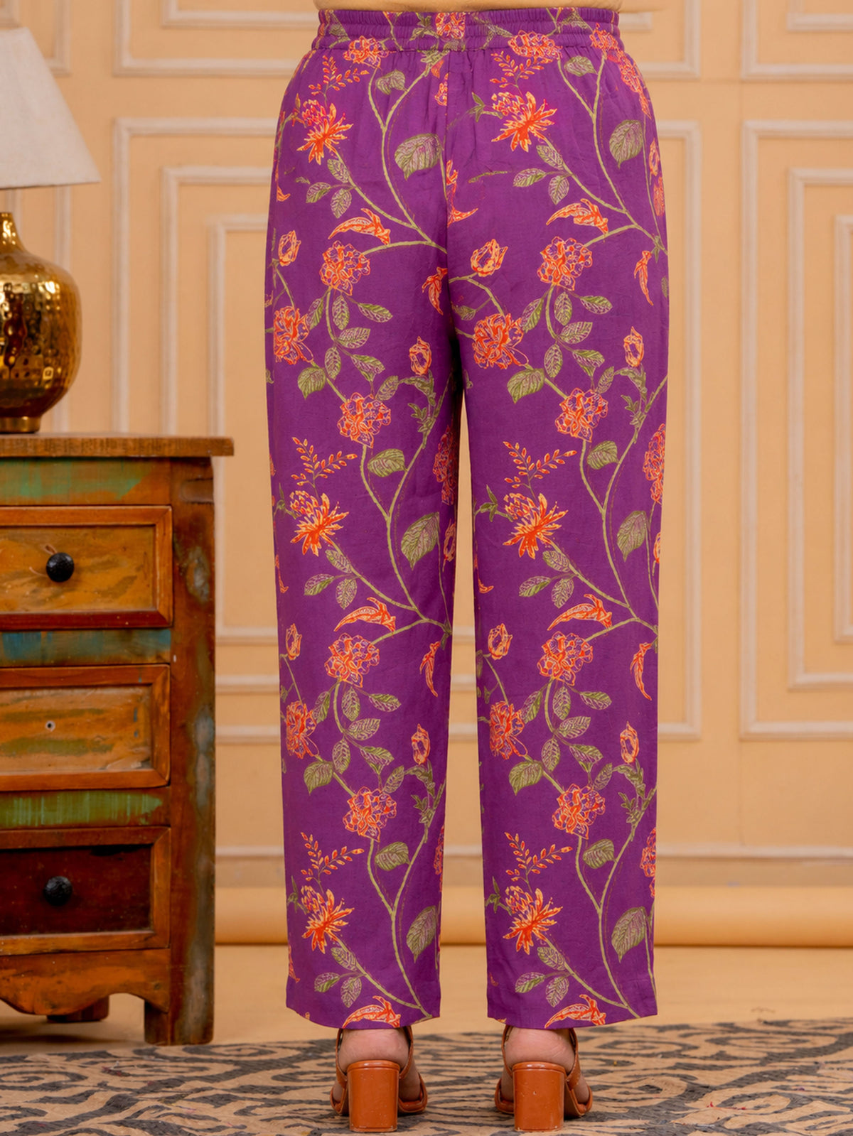 Linen Cotton Floral Purple Straight Trousers