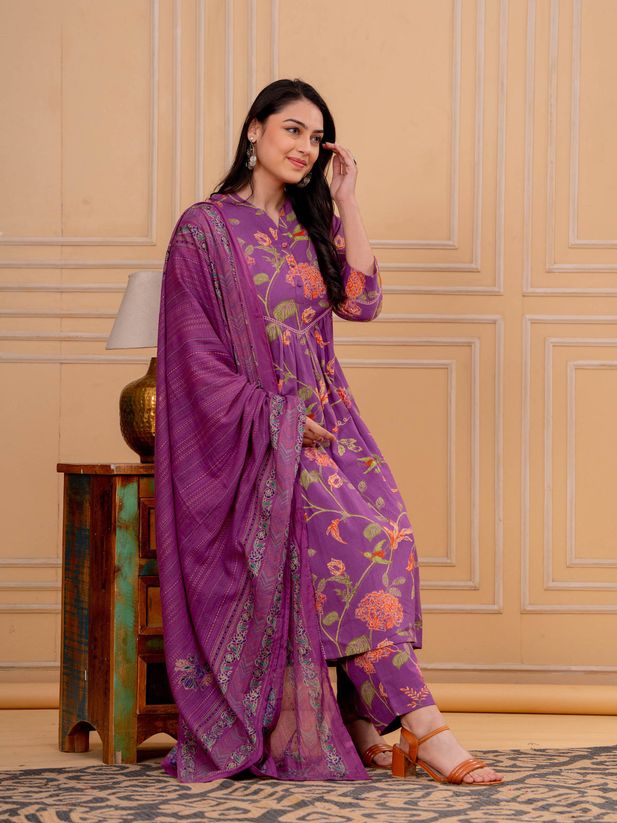 Cotton Voile Floral Purple Dupatta
