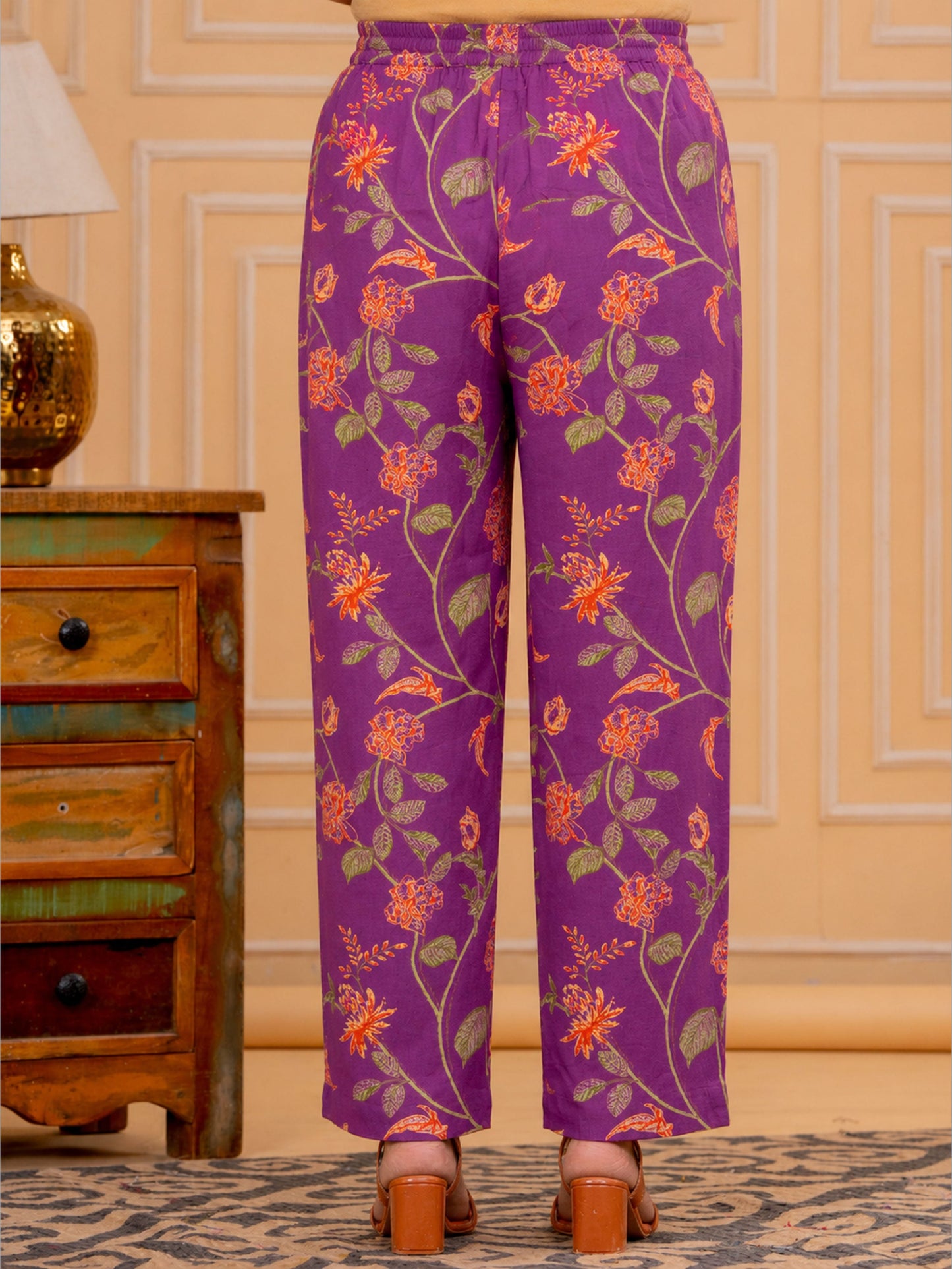 Linen Cotton Floral Purple Straight Trousers