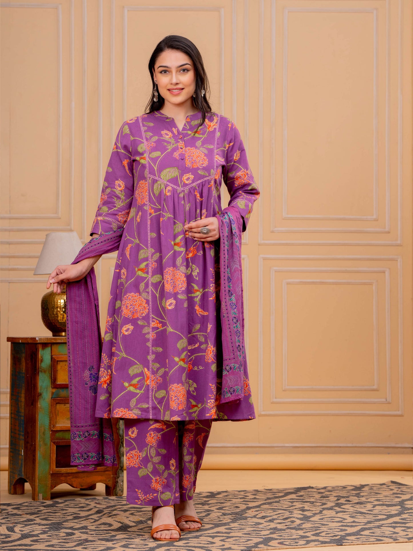 Linen Cotton Floral A-line Purple Kurta