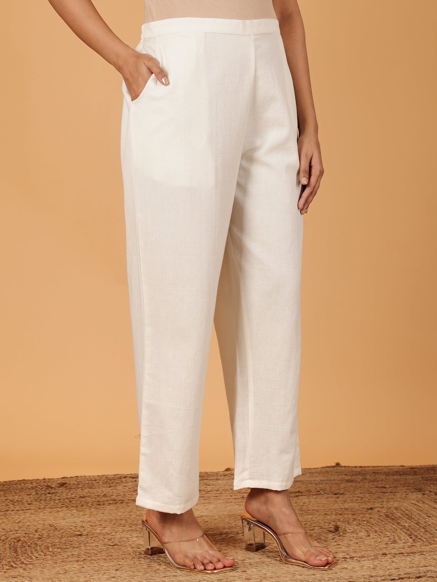 Linen Cotton Solid White Straight Trousers