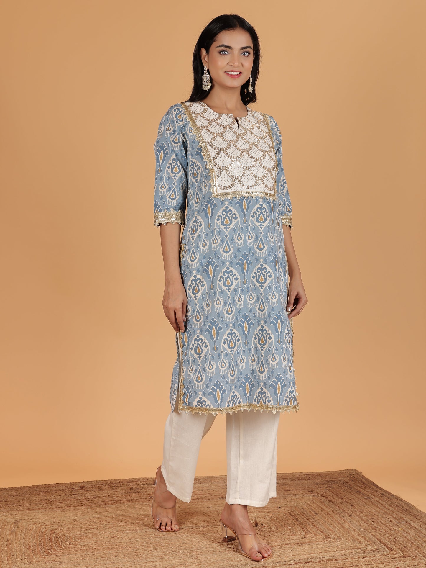 Linen Cotton Ikat Straight Blue Kurta