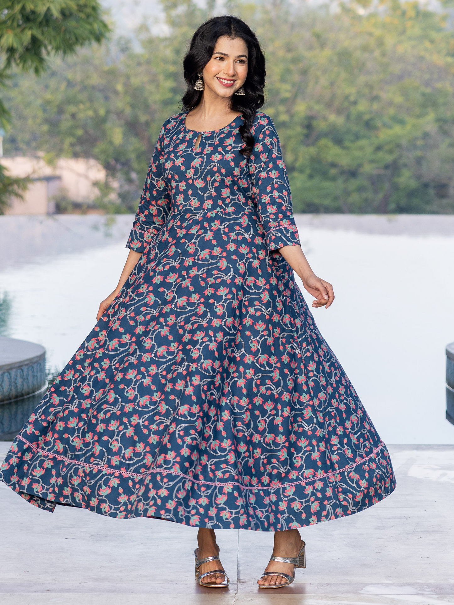 Soft Cotton Floral Anarkali Blue Dress (With Bag)