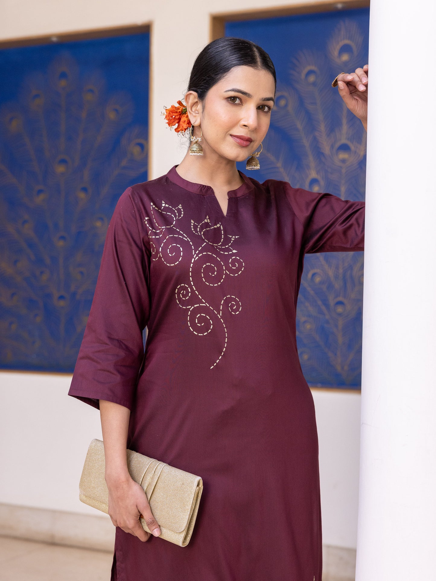 Blended Silk Placement Print Straight Wine Kurta