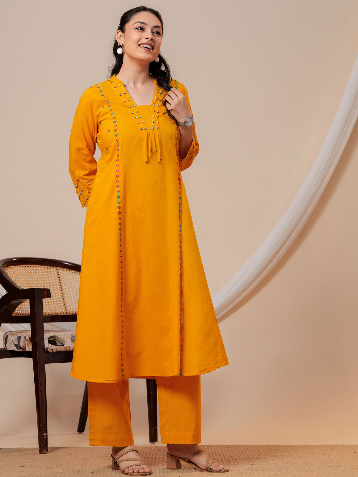 Embroidered Soft cotton Solid Flared Yellow Kurta