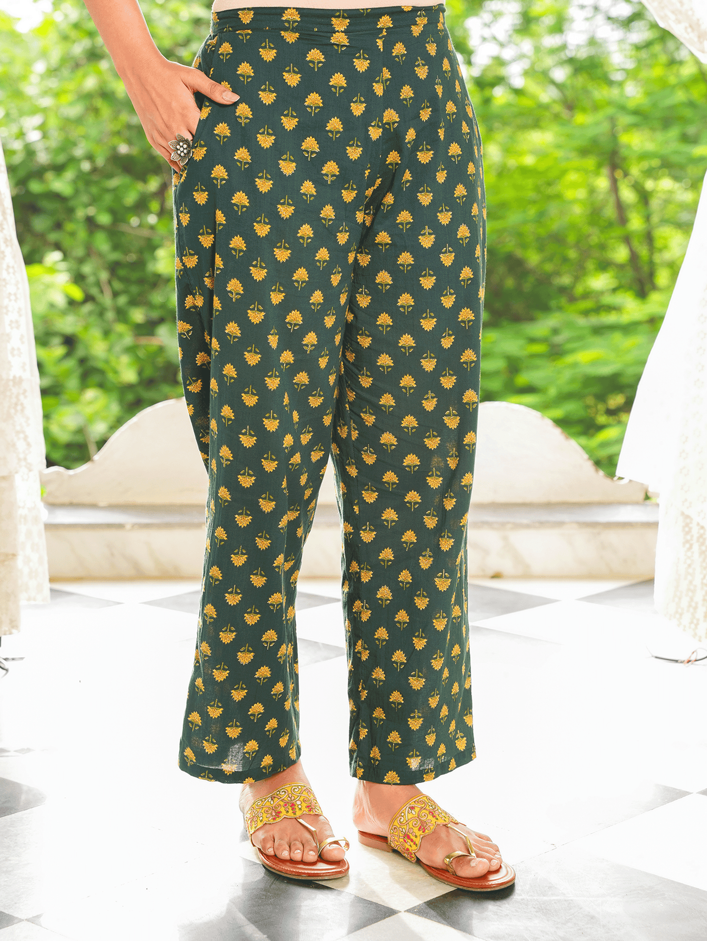 Soft Cotton Floral Green Straight Trousers