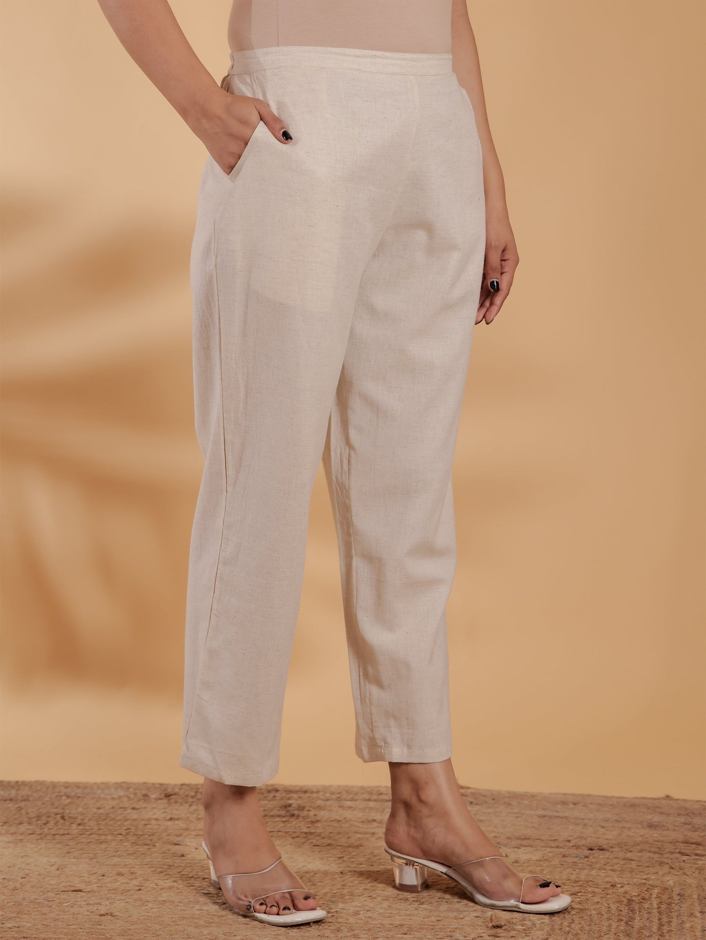 Linen Cotton Solid Cream Straight Trousers