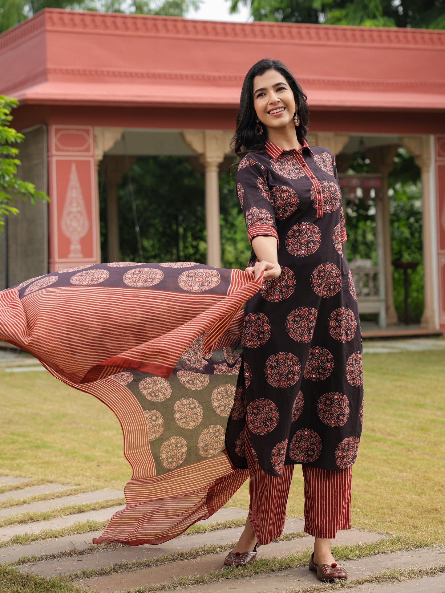 Cotton Voile Ajrakh Black Dupatta