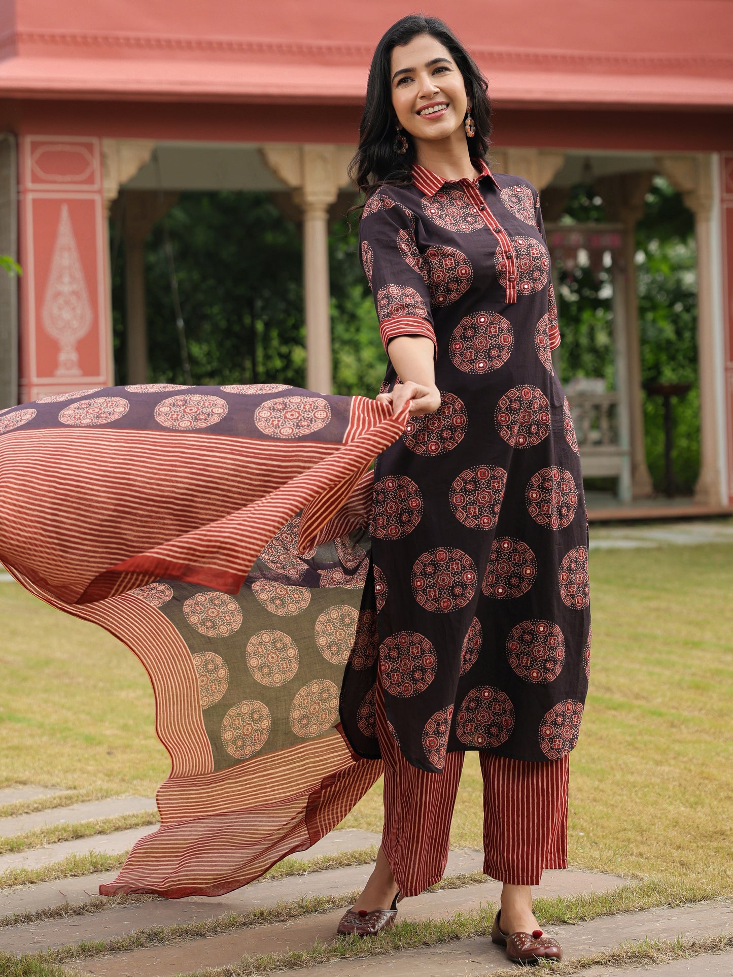 Embroidered Soft Cotton Ajrakh Pathani Black Kurta