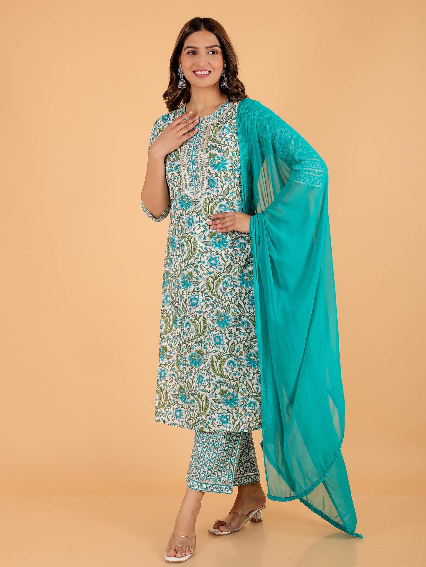 Soft Cotton Floral Straight Turquoise Kurta