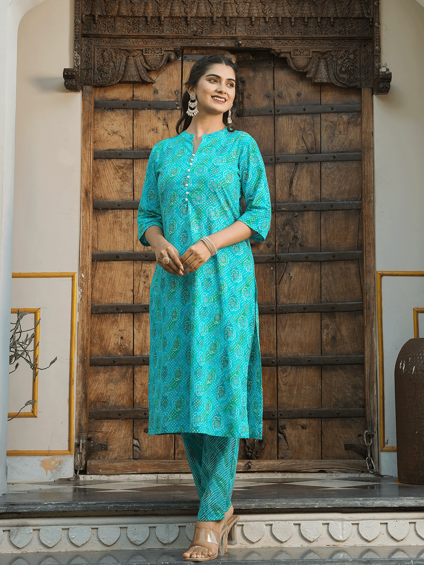 Soft Cotton Bandhani Straight Blue Kurta
