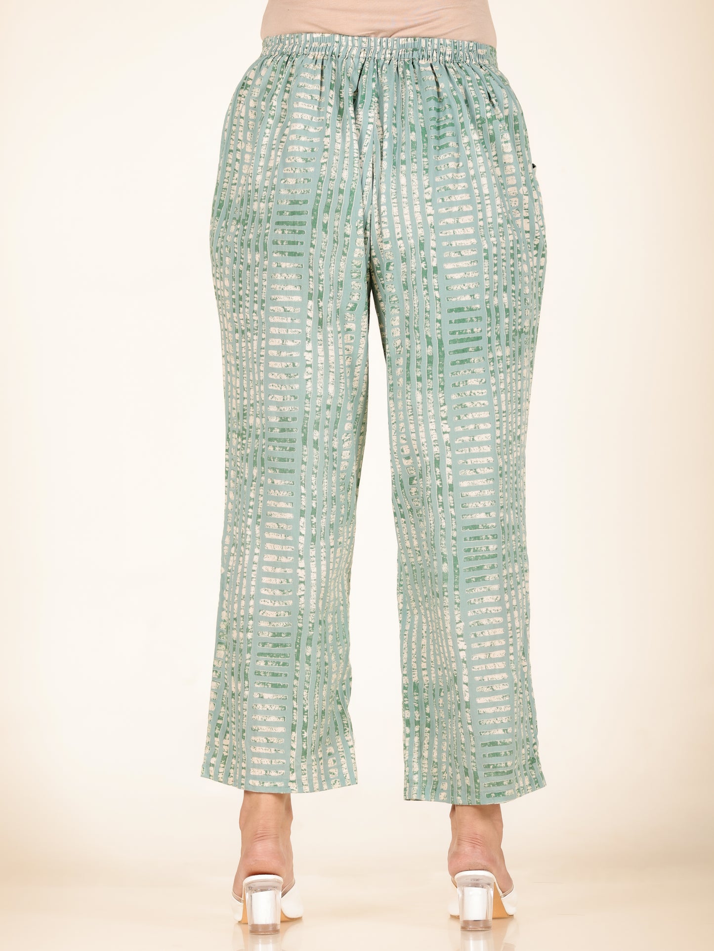 Soft Cotton Abstract Green Straight Trousers