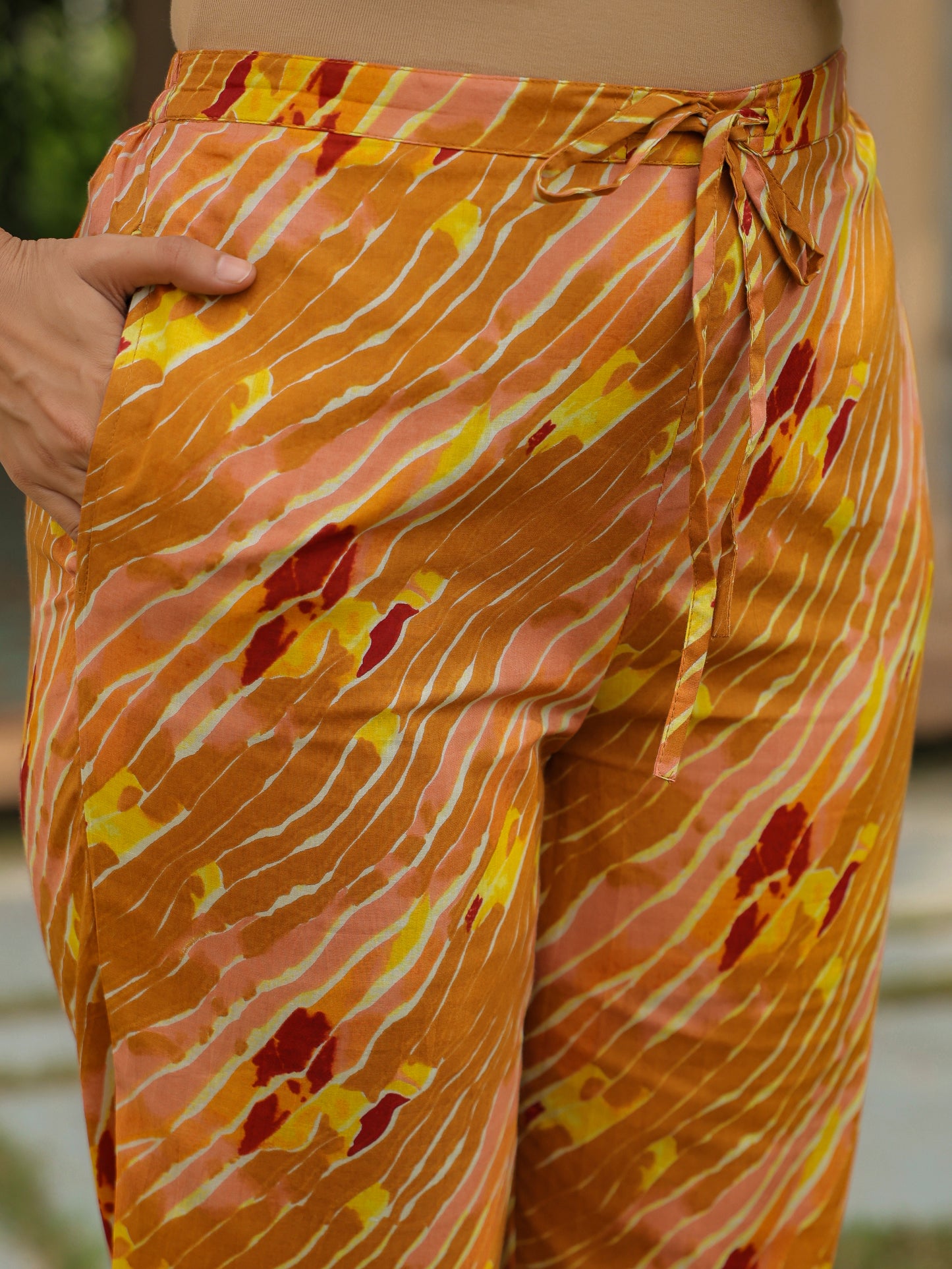 Soft Cotton Leheriya Yellow Tapered Trousers