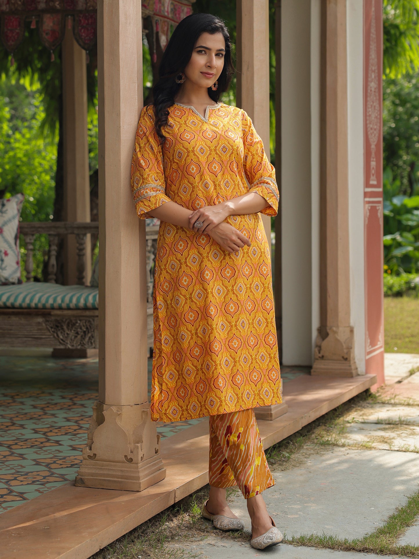 Soft Cotton Geometric Straight Yellow Kurta