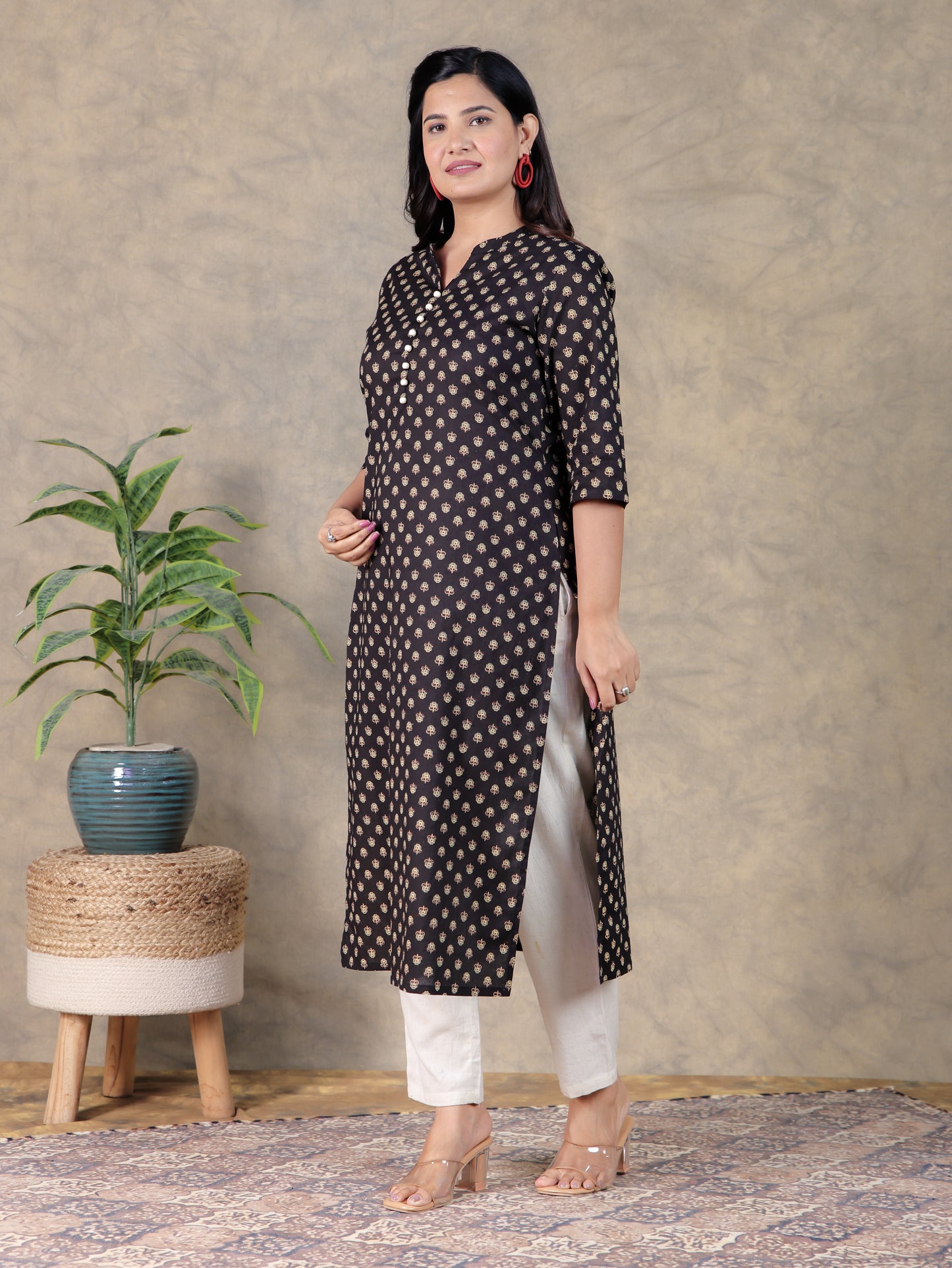 Soft Cotton Butti Straight Black Kurta