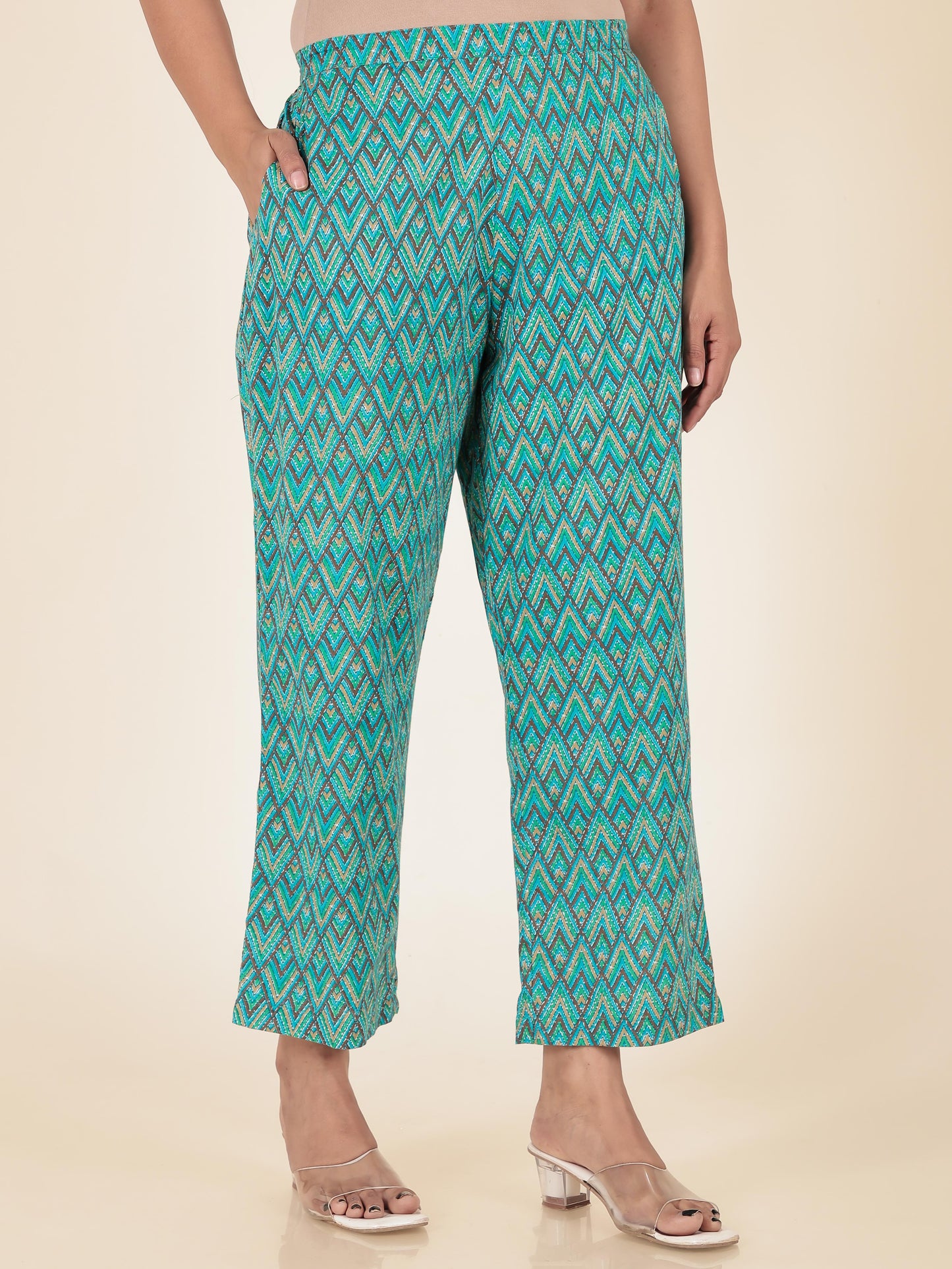 Soft Cotton Cheveron Green Straight Trousers