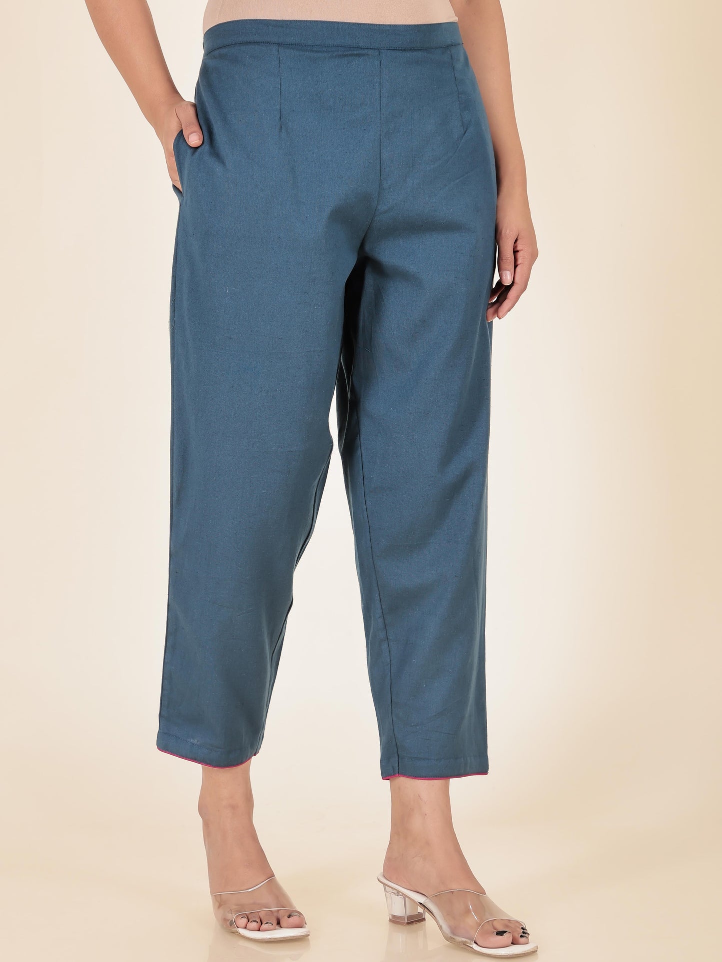 Linen Cotton Solid Blue Tapered Trousers