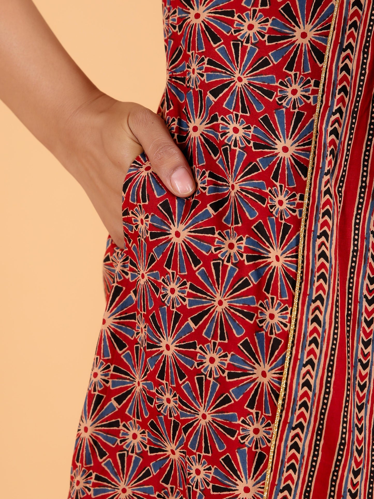 Embroidered Soft Cotton Geometric Panelled Red Kurta