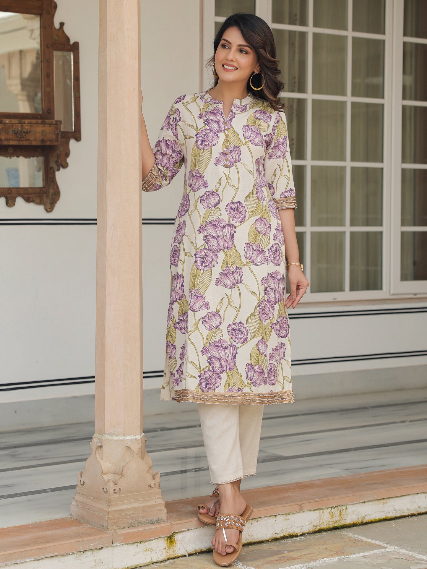 Linen Cotton Floral Straight Off-White Kurta
