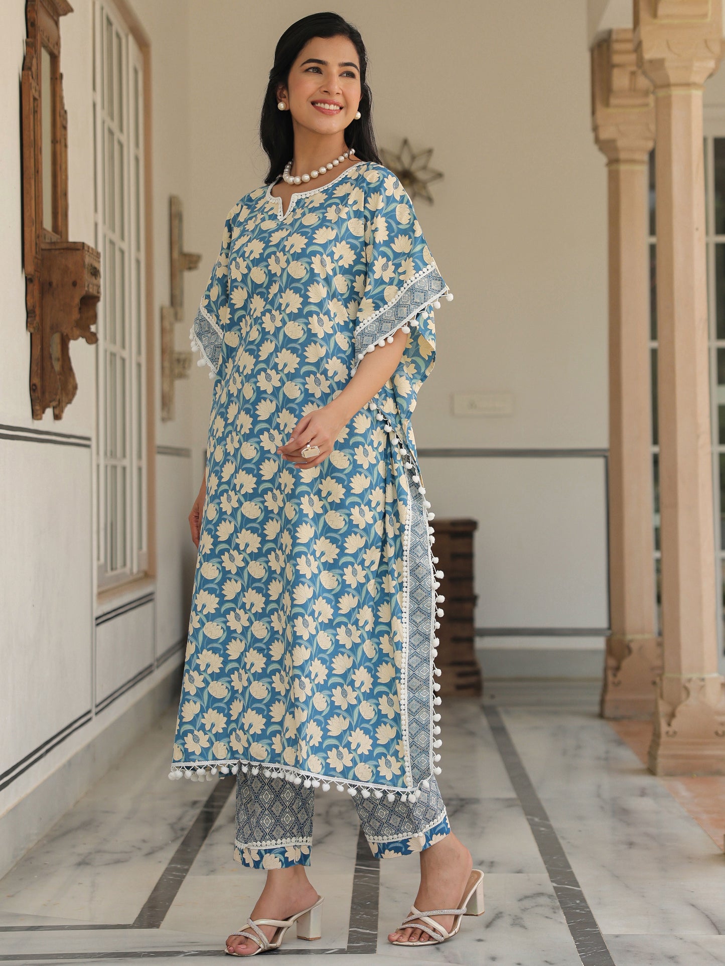 Soft Cotton Floral Kaftan Blue Kurta