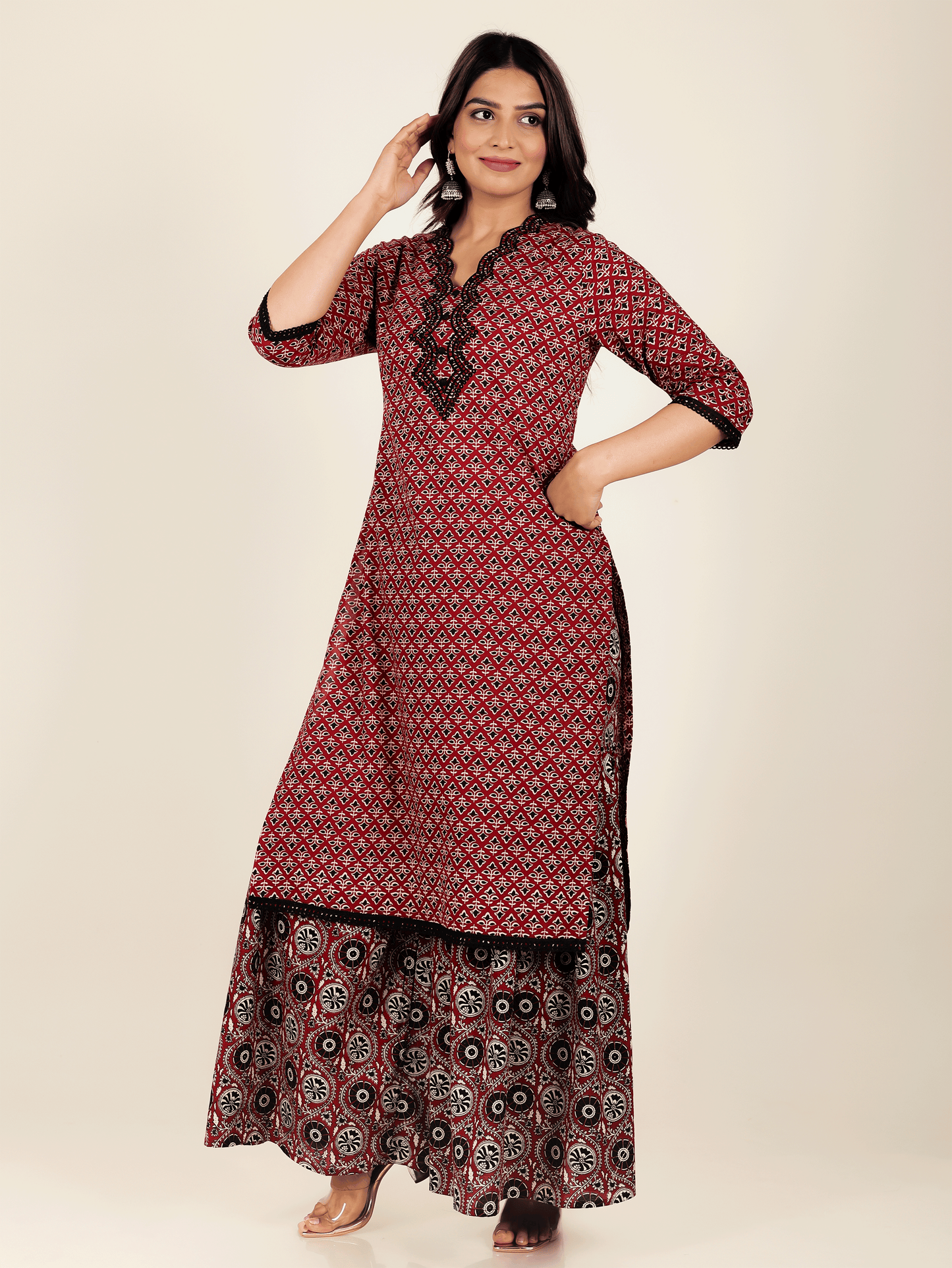 Soft Cotton Geometric Straight Red Kurta