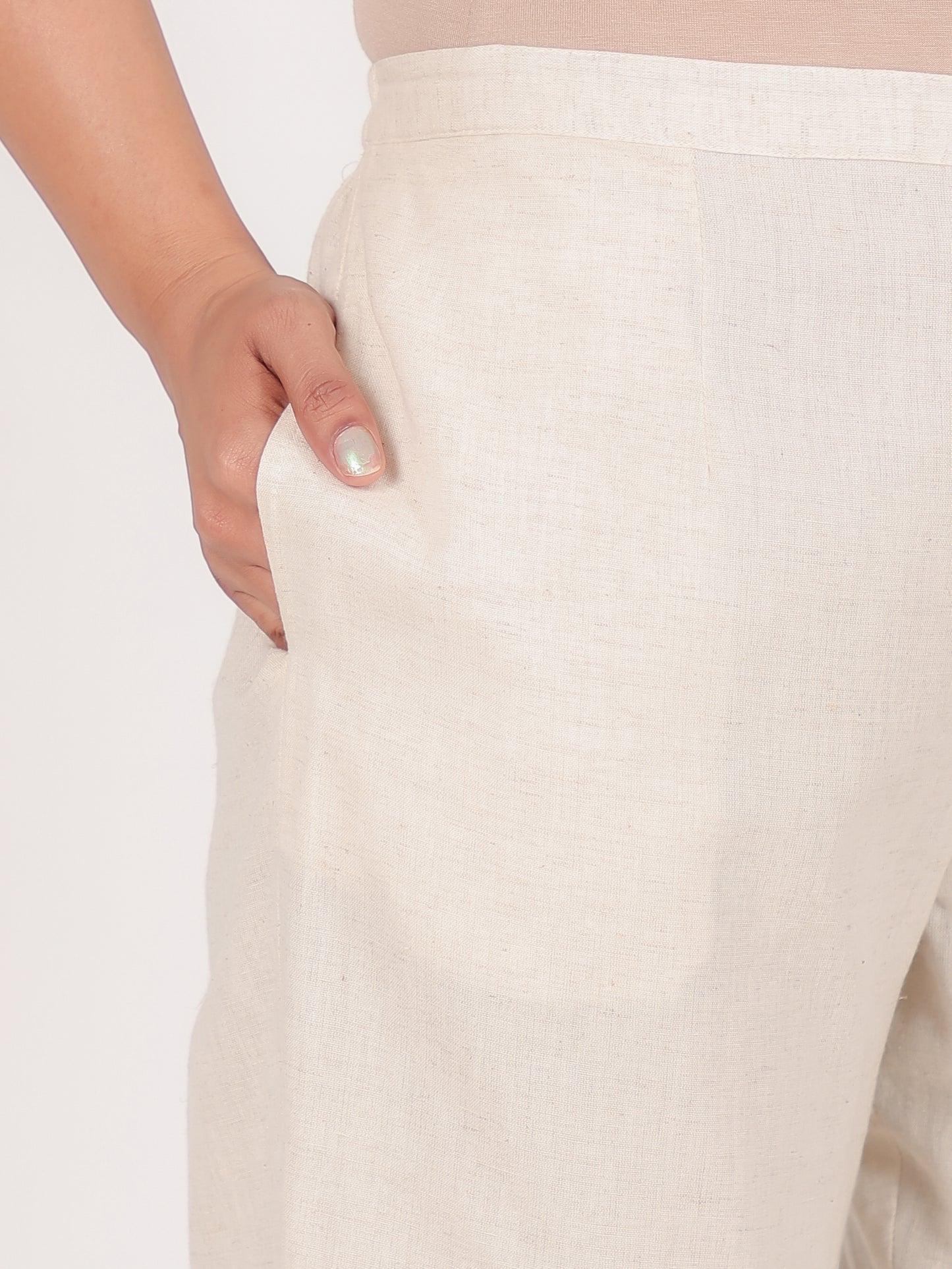 Linen Cotton Solid Cream Tapered Trousers