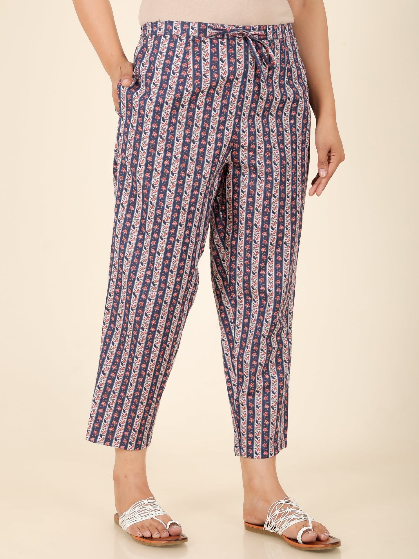 Soft Cotton Striped Blue Tapered Trousers