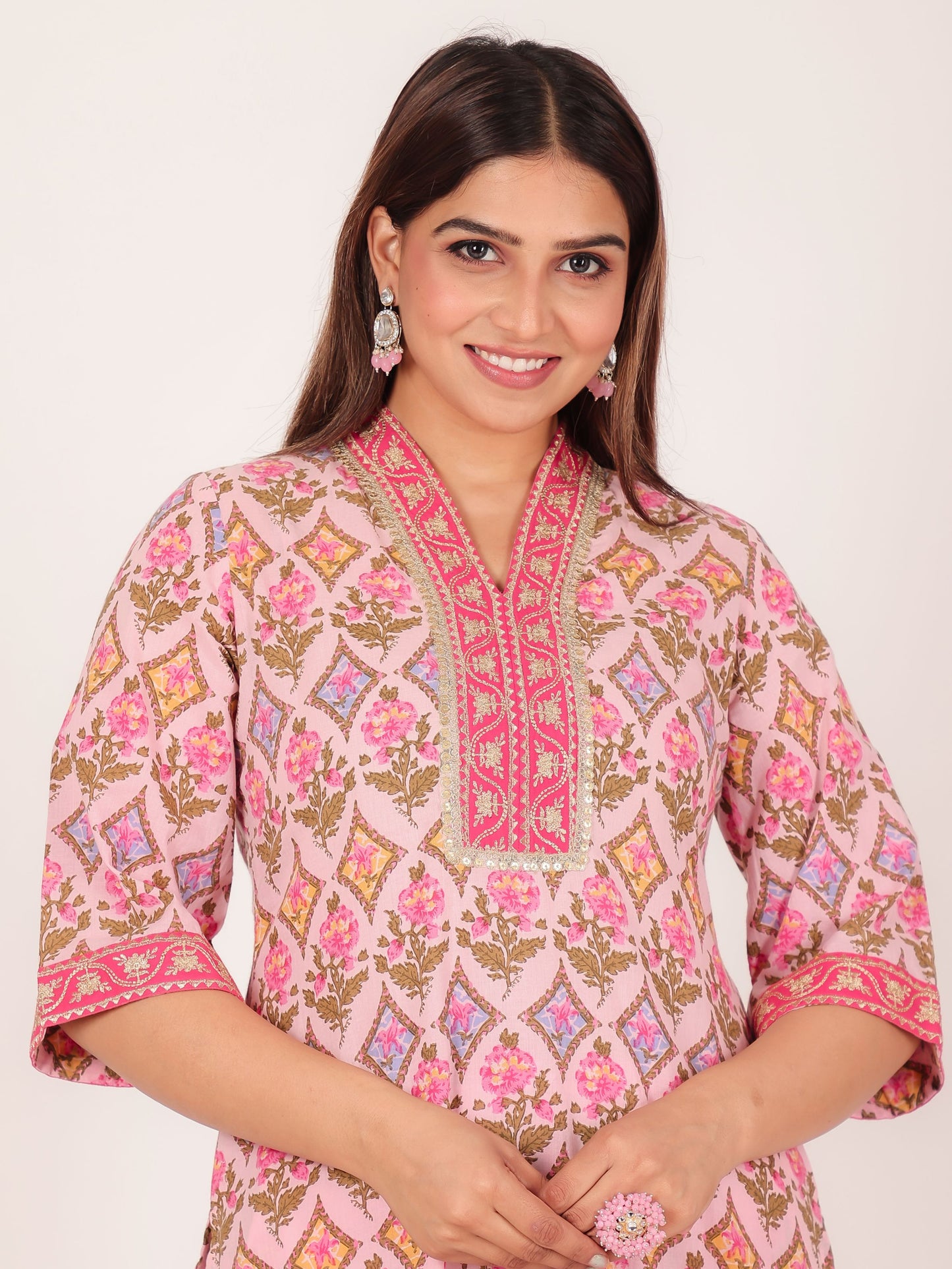 Soft Cotton Floral Straight Pink Kurta