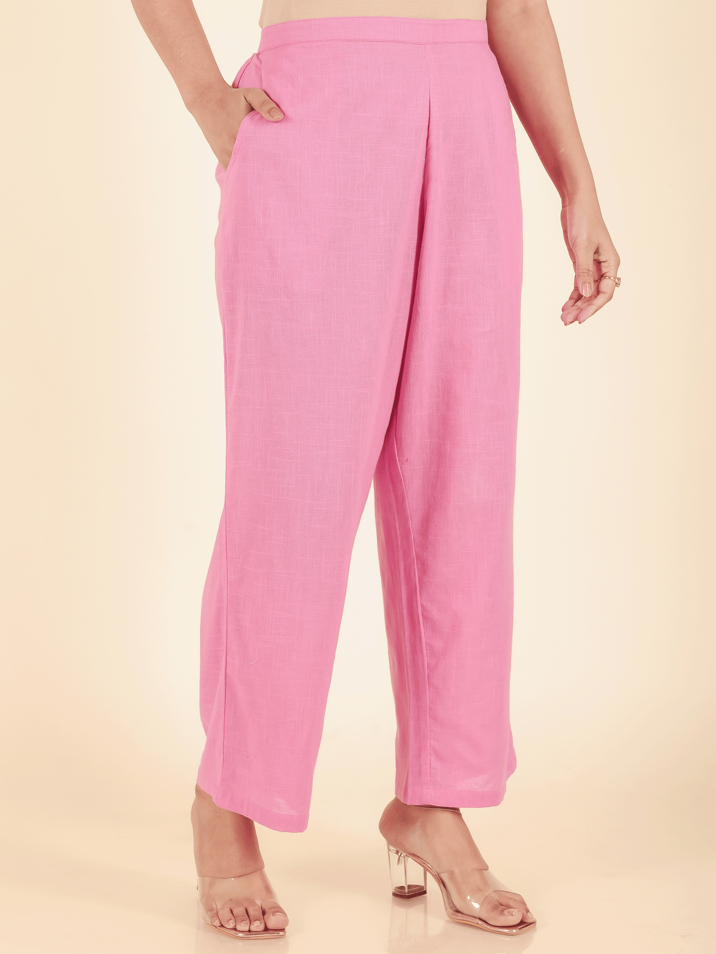 Natural Cotton Solid Pink Straight Trousers