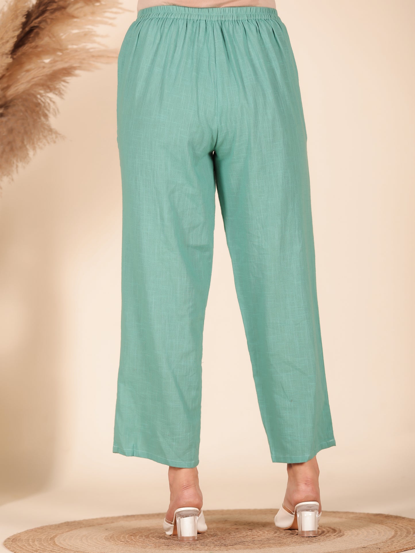 Natural Cotton Solid Green Straight Trousers