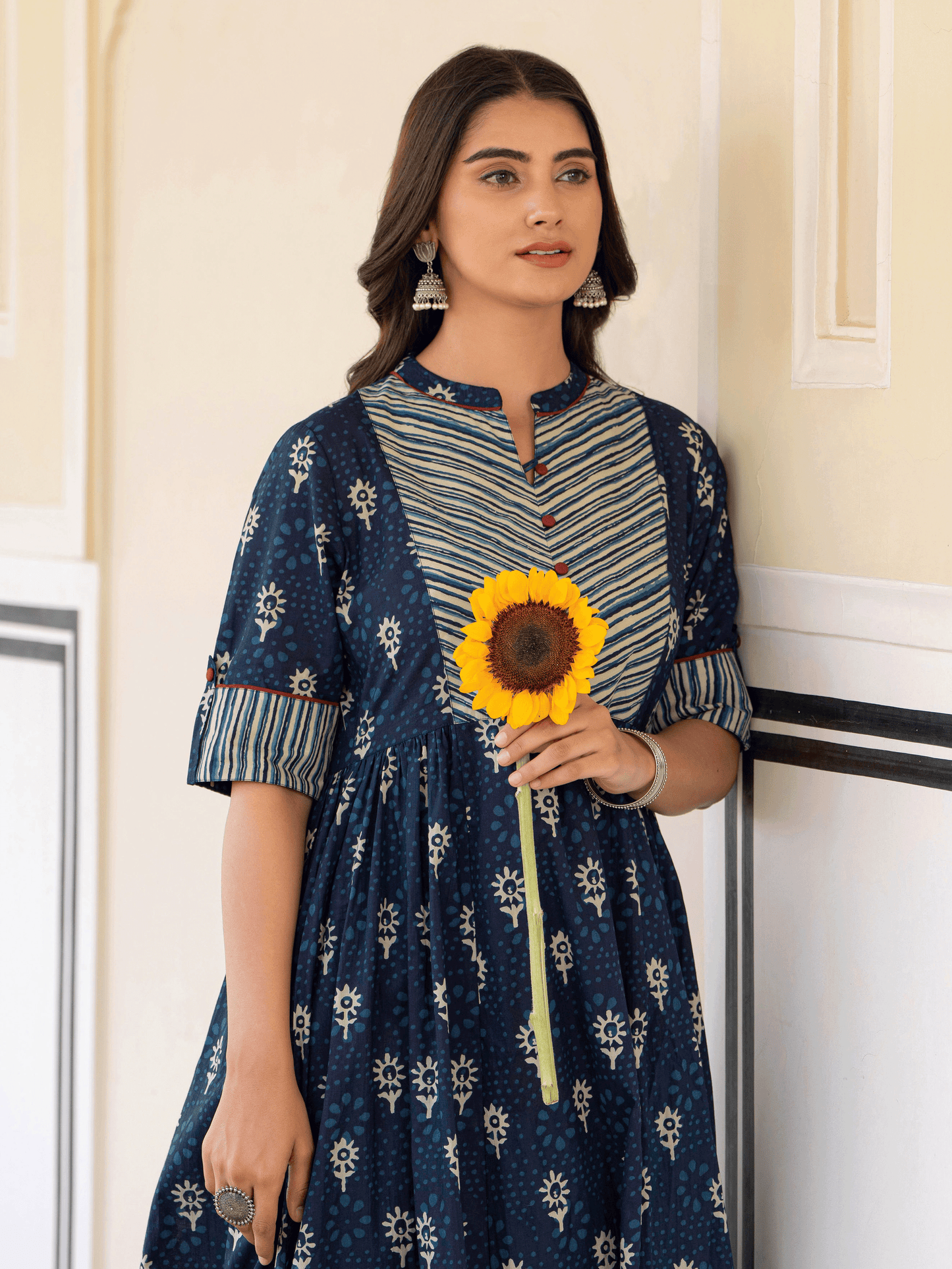 Soft Cotton Floral Flared Blue Kurta