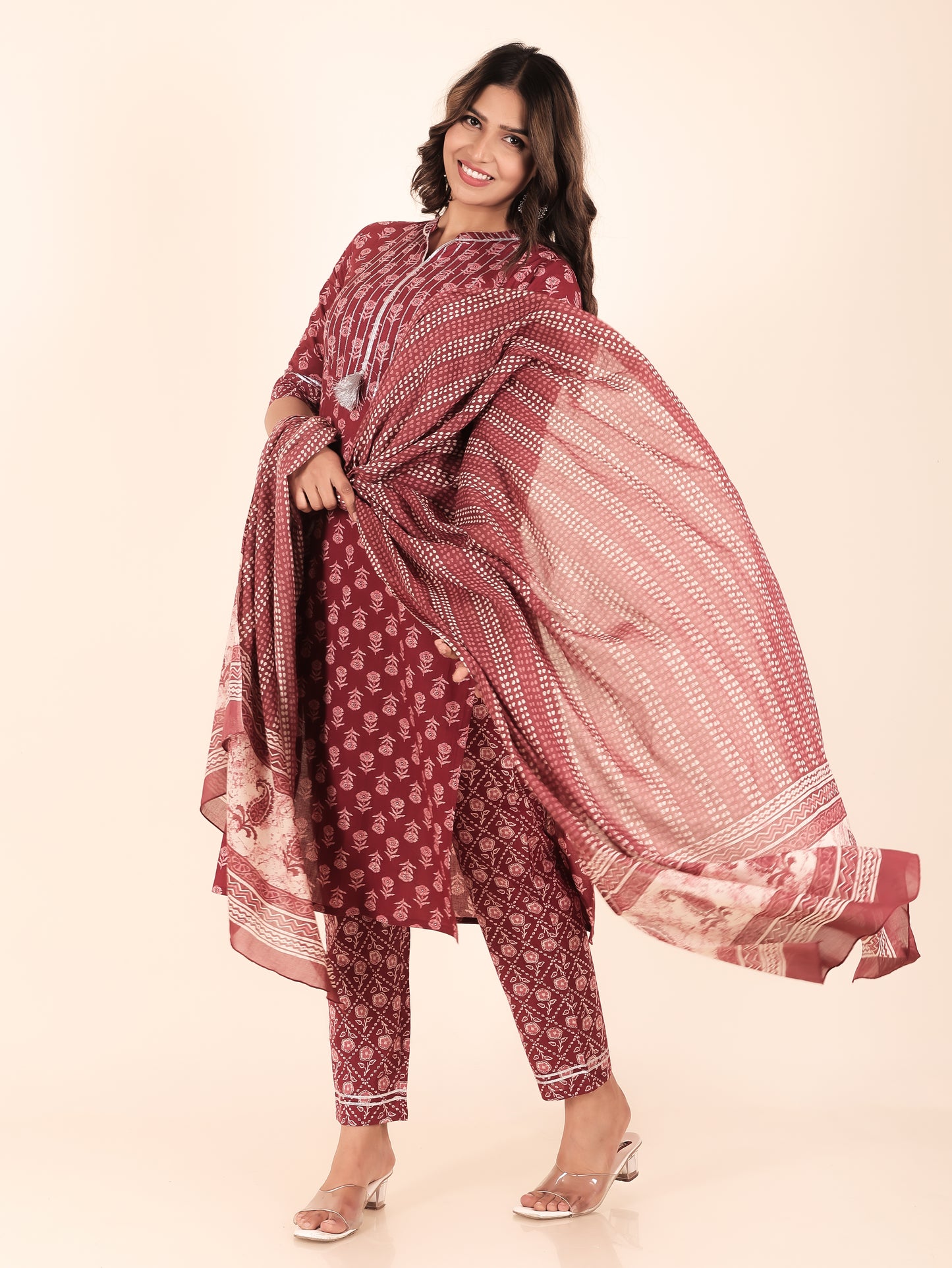 Embroidered Soft Cotton Block Print Straight Magenta Kurta