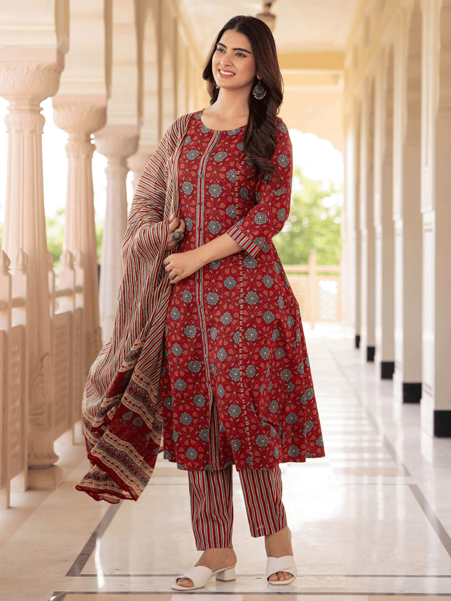 Cotton Voile Striped Maroon Dupatta