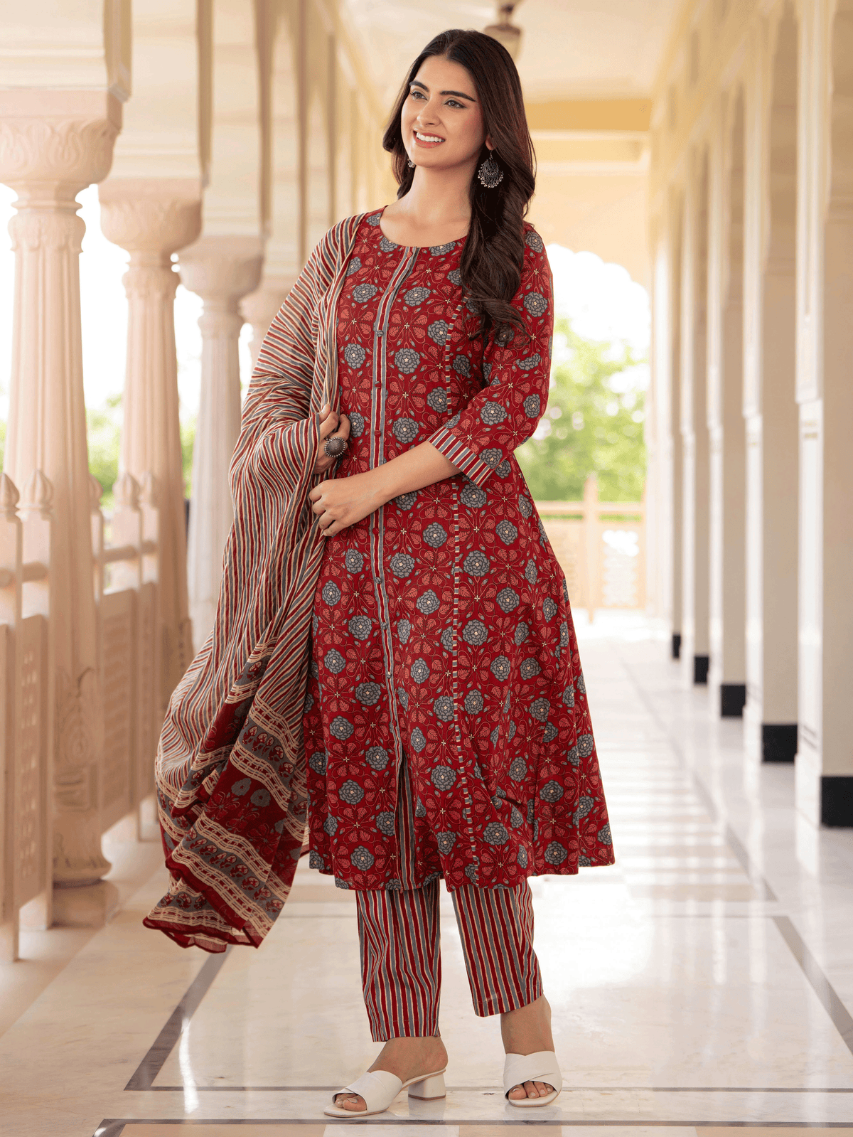 Cotton Voile Striped Maroon Dupatta