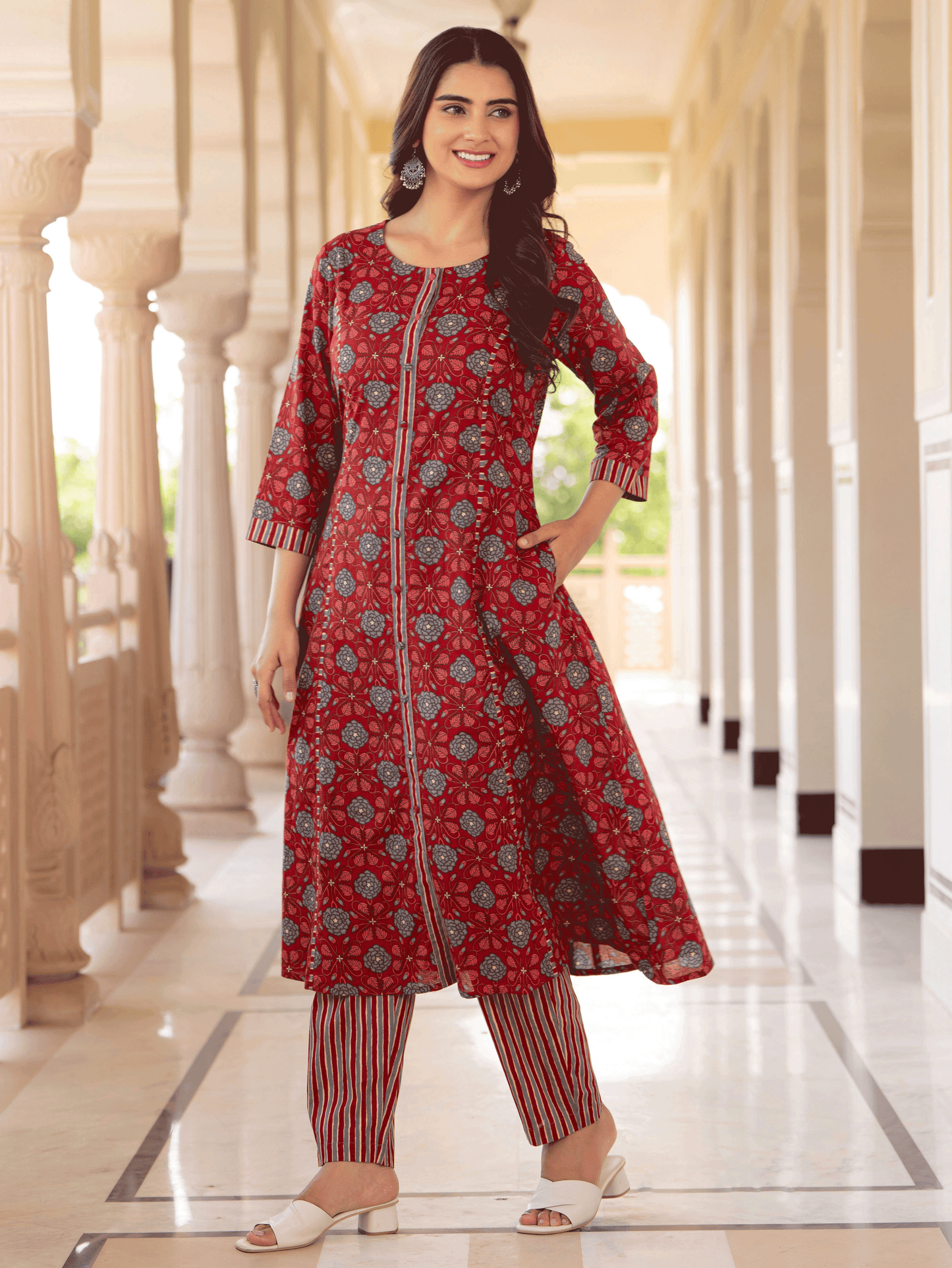 Soft Cotton Floral Flared Maroon Kurta