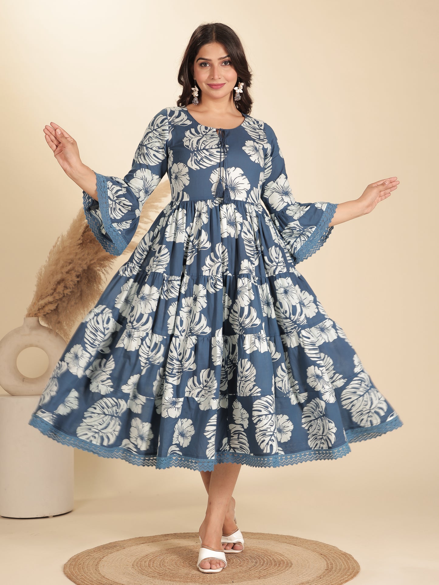 Soft Cotton Foliage Tiered Indigo Blue Dress