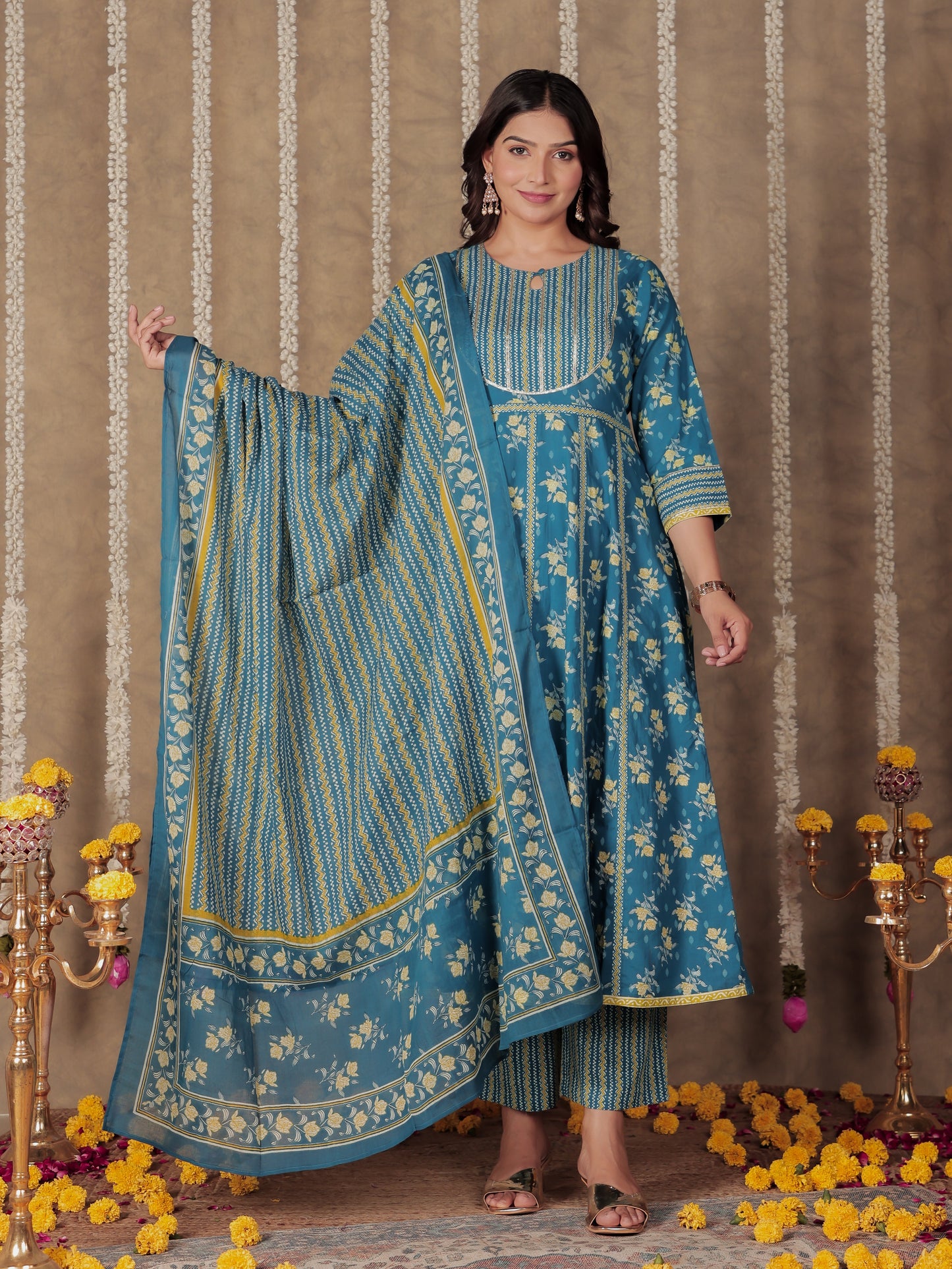 Voile Cotton Floral Blue Dupatta
