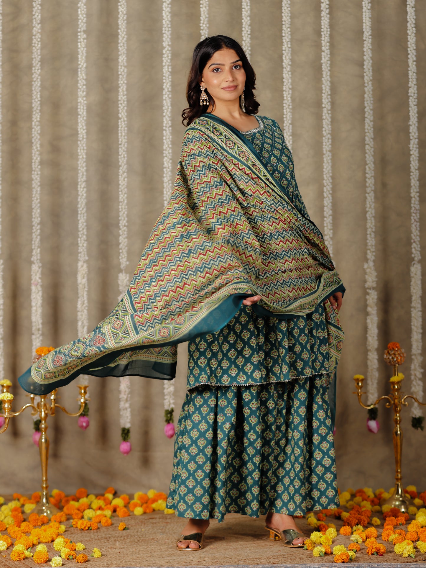 Embroidered Soft Cotton Butti Flared Green Kurta