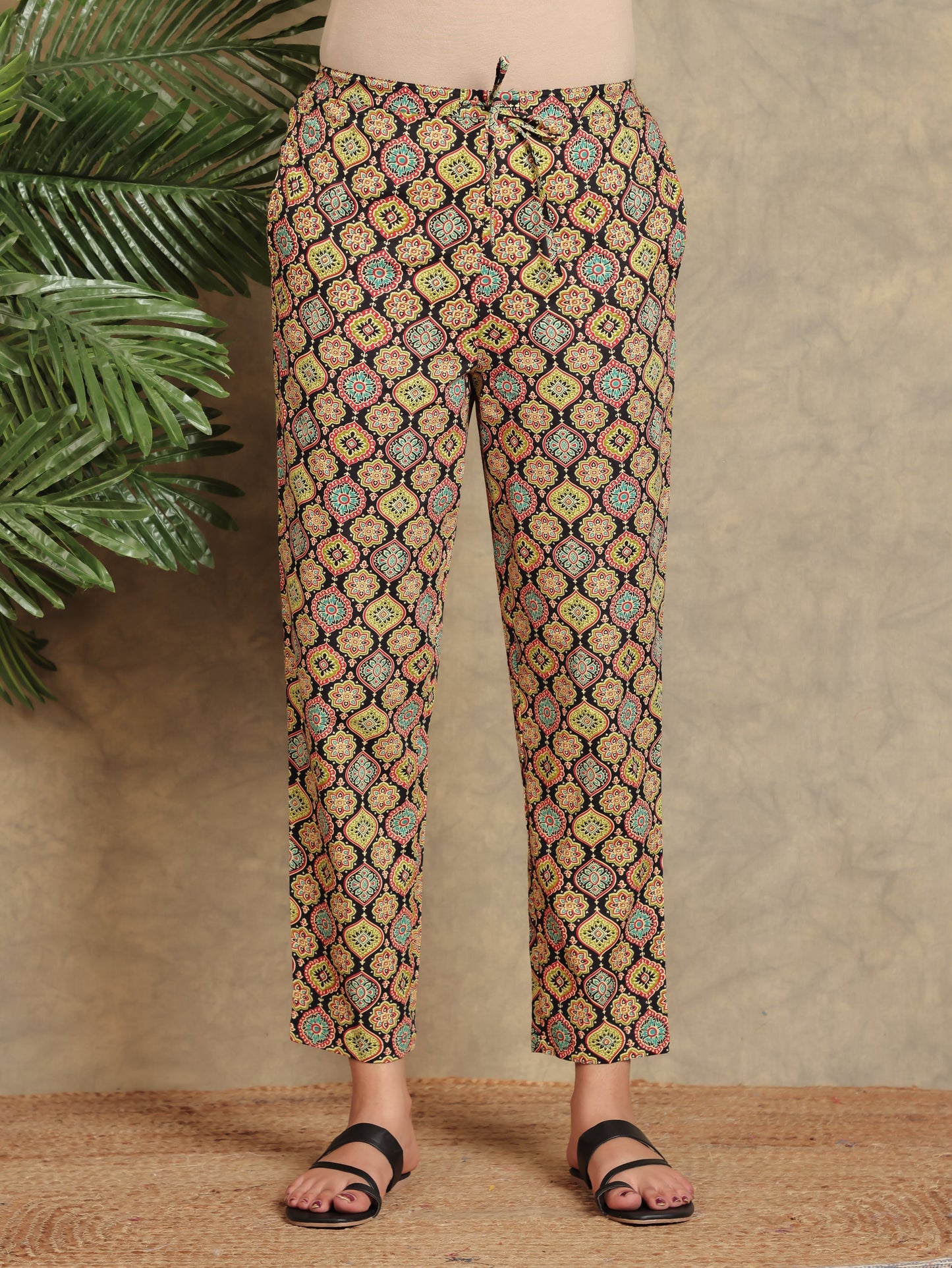 Soft Cotton Geometric Black Tapered Trousers