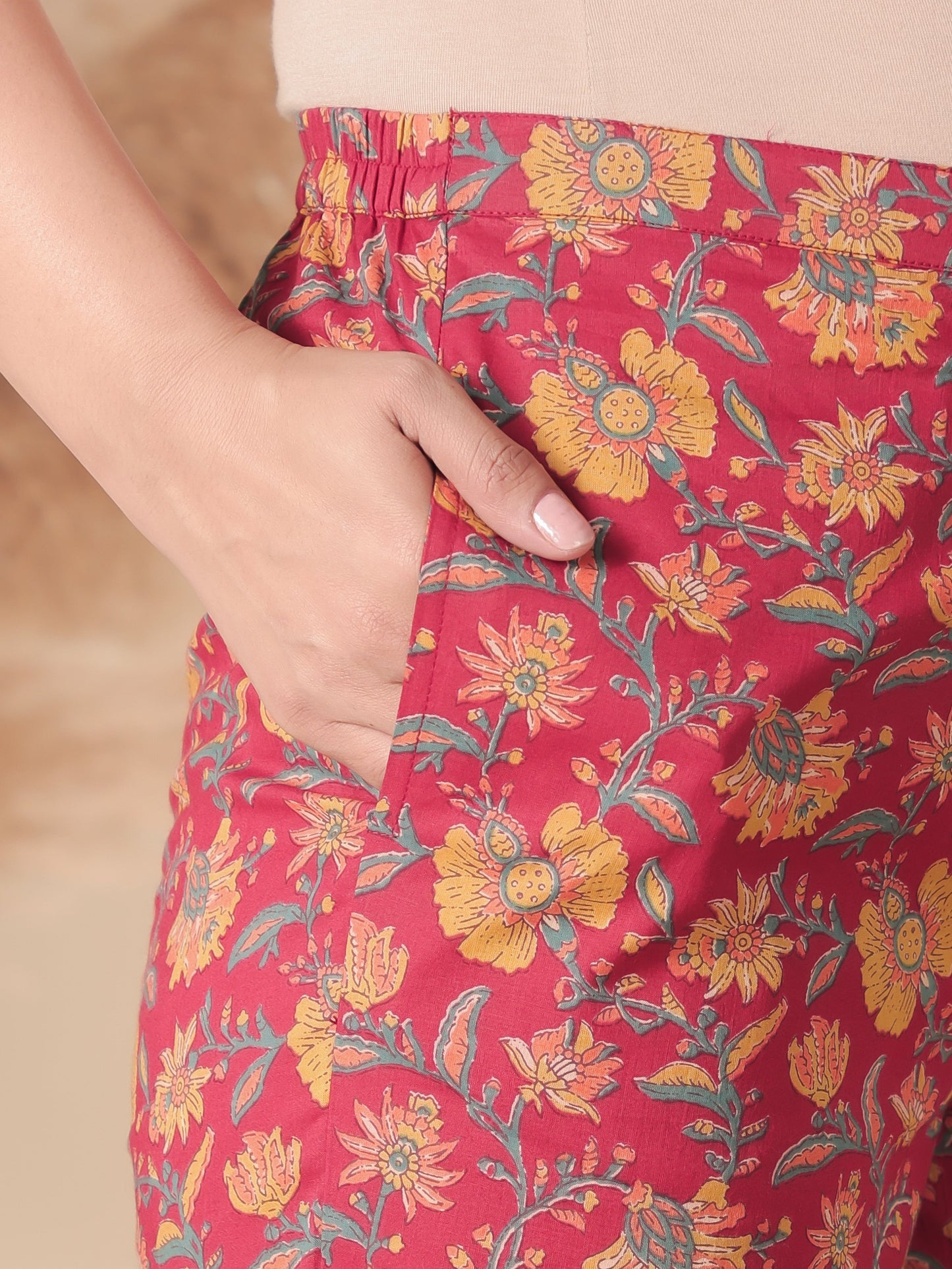 Soft Cotton Floral Red Tapered Trousers