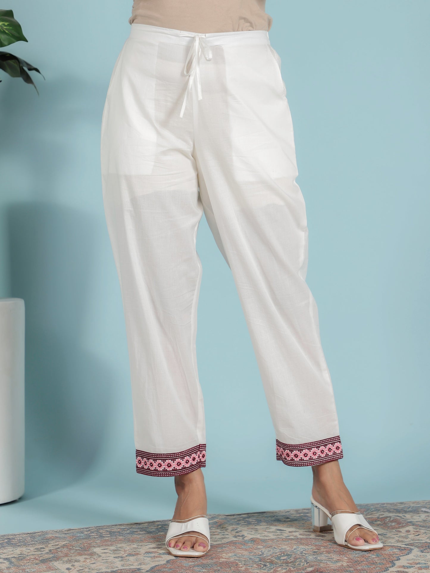 Embroidered Soft Cotton Solid Cream Straight Trousers