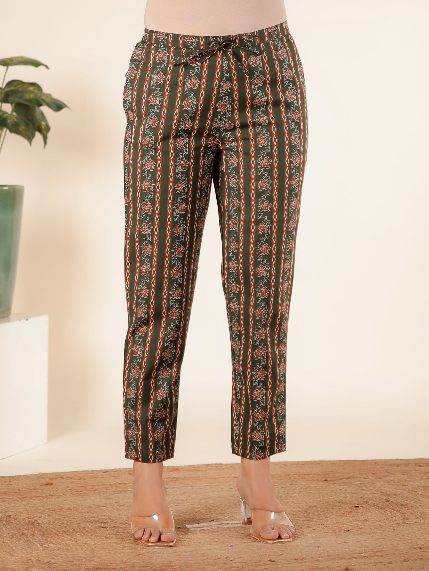 Soft Cotton Block Print Green Tapered Trousers