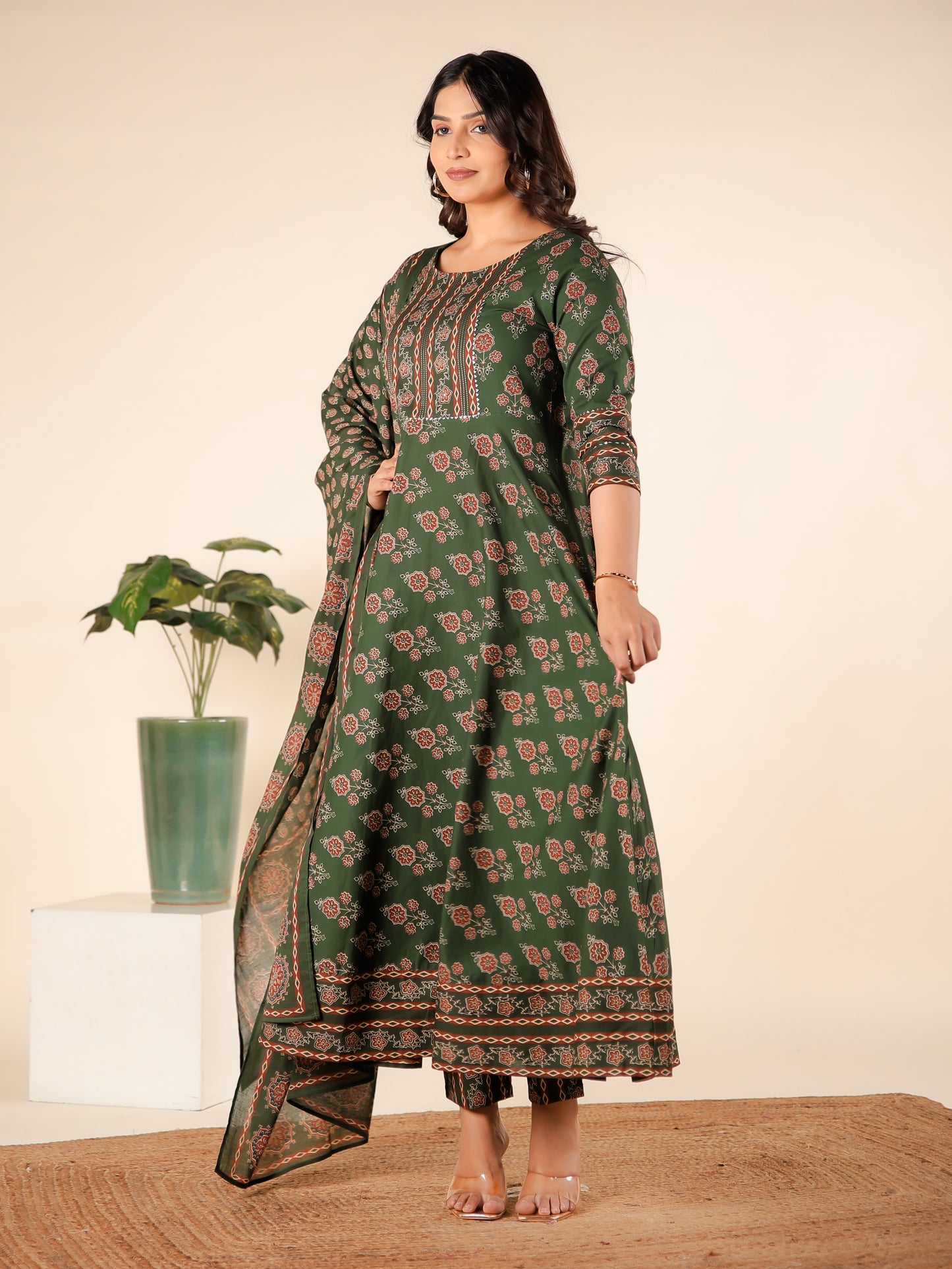 Embroidered Soft Cotton Block Print Anarkali Green Kurta