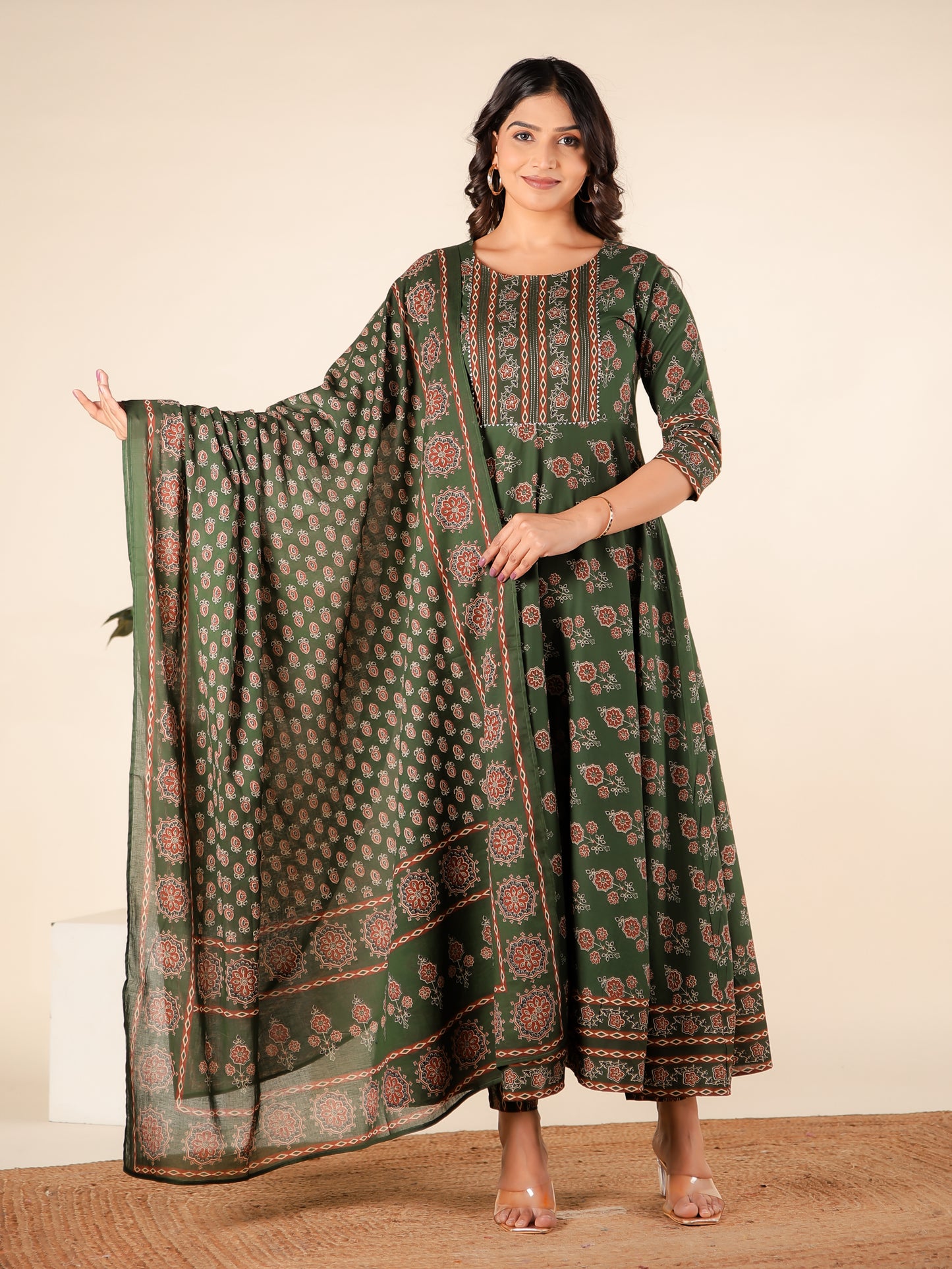 Embroidered Soft Cotton Block Print Anarkali Green Kurta