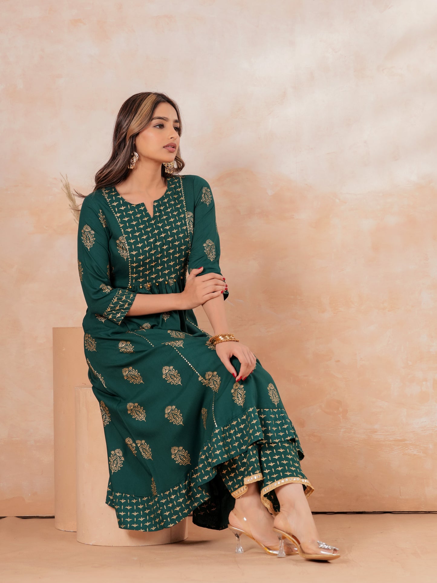 Viscose Block Print Flared Emerald Green Kurta