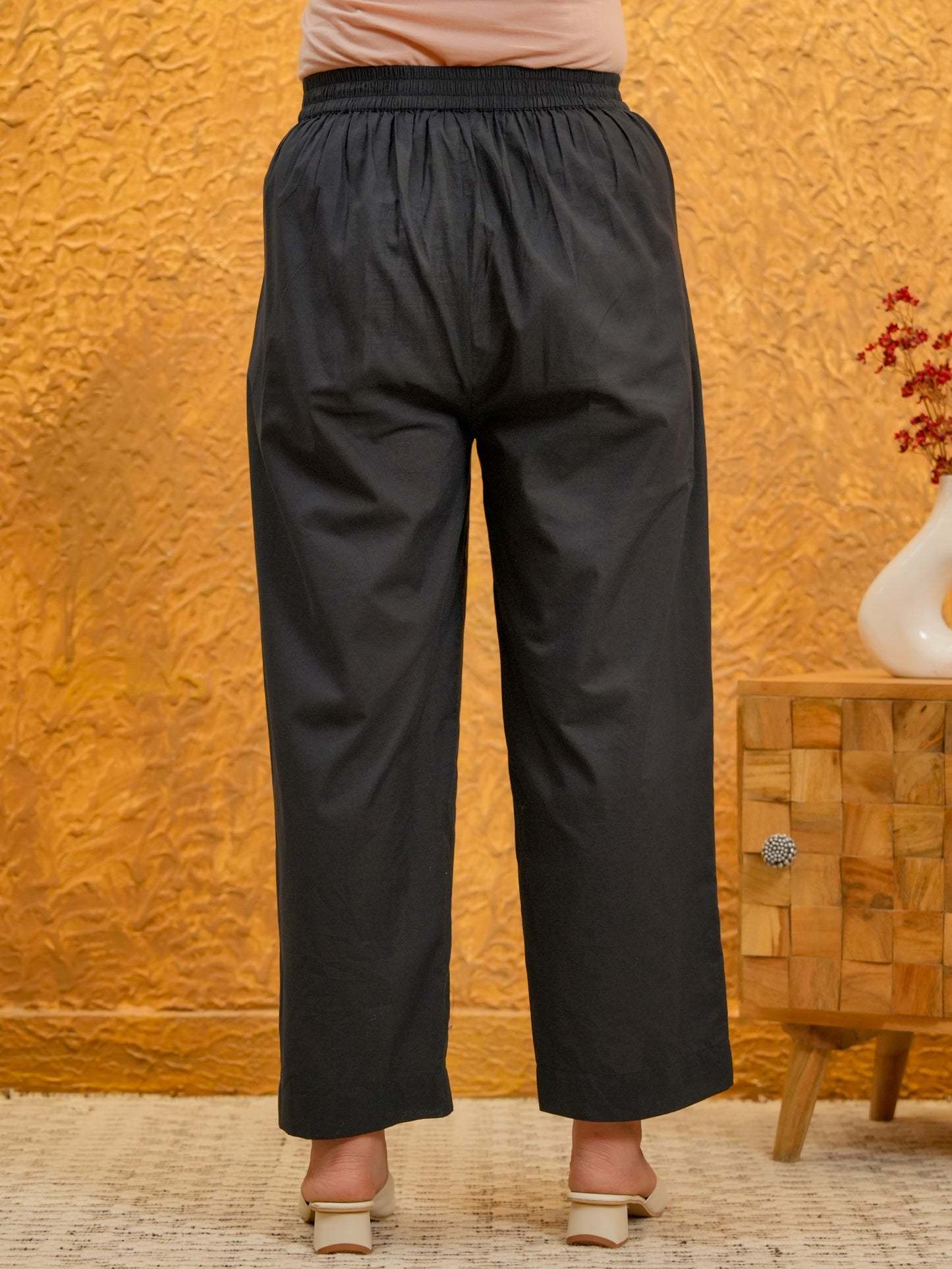 Soft Cotton Solid Black Straight Trousers