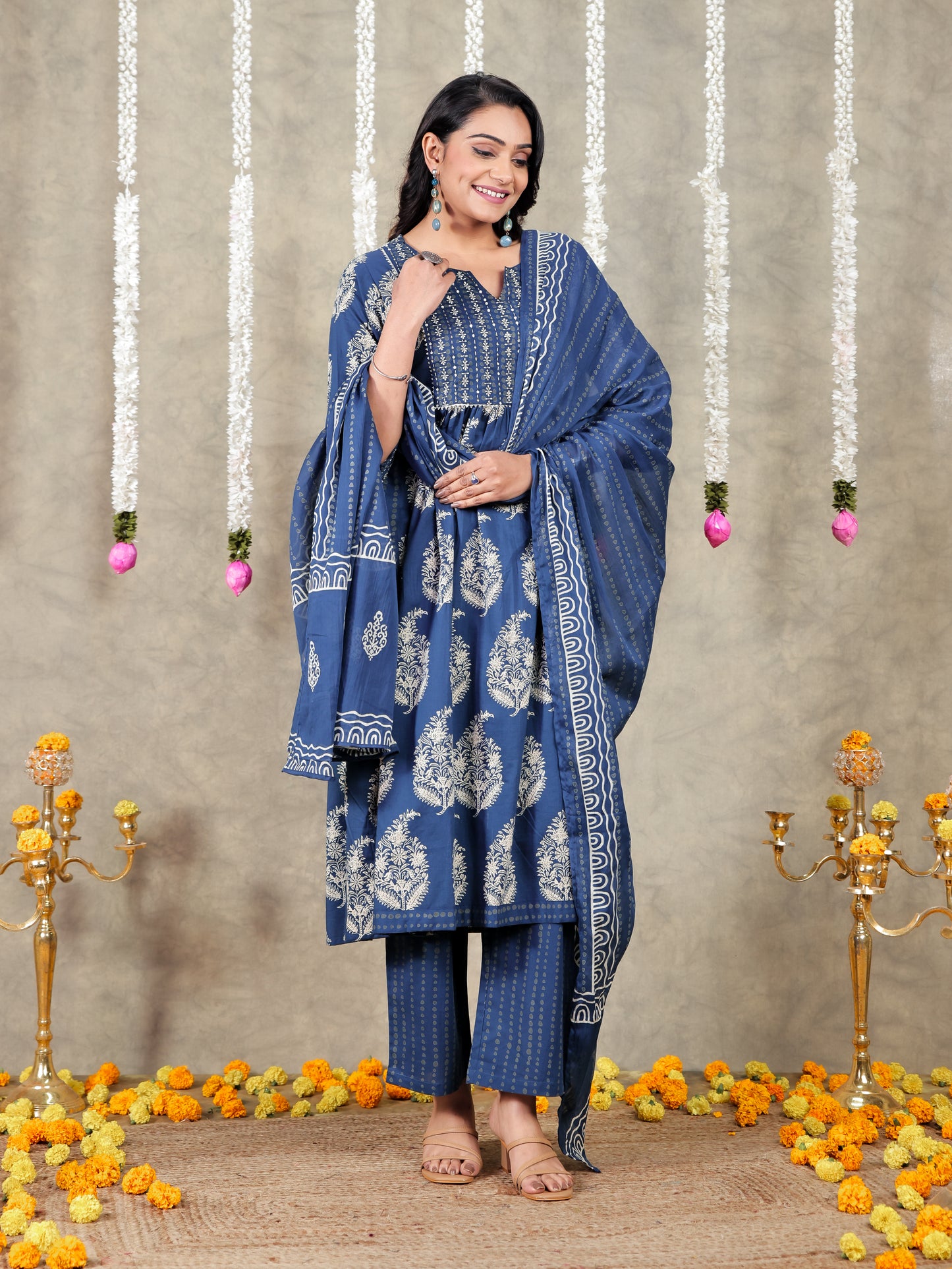 Embroidered Soft Cotton Block Print A-line Blue Kurta