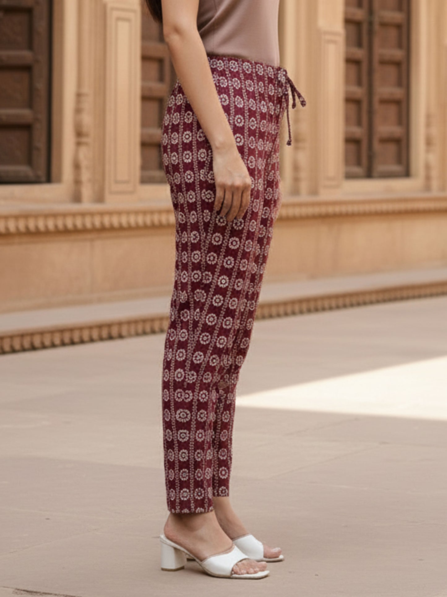 Soft Cotton Bandhani Maroon Tapered Trousers