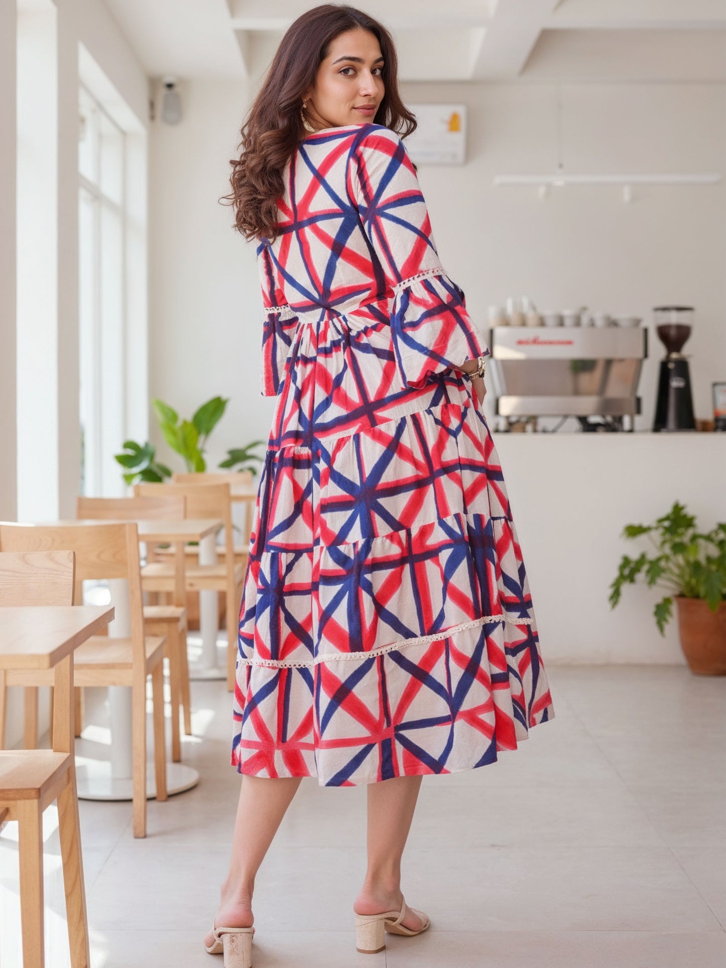 Soft Cotton Geometric Flared Cream Dress
